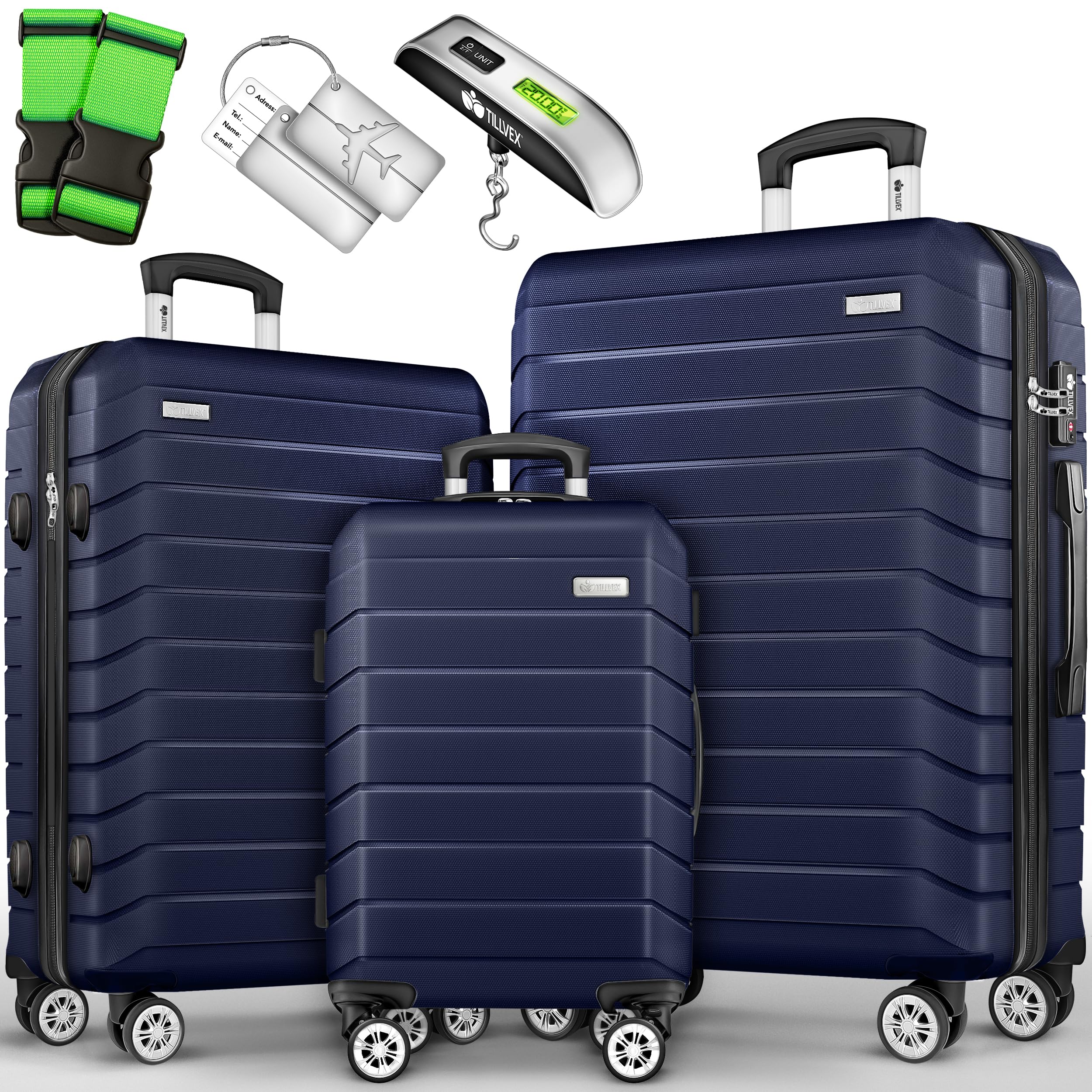 tillvex® Reisekoffer Set 3-TLG. + Gepäckwaage, 6X Koffergurte & 3X Kofferanhänger | Kofferset 4 Rollen | Trolley Gepäck Koffer TSA Schloss | Rollkoffer Hartschalenkofferset M-L-XL (Navyblau)