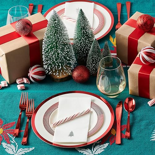 Miniatura 5 de By Madee HEAVYweight - Juego de platos y servilletas desechables de Navidad de 175 piezas, ribete rojo marfil, platos de Navidad, servilletas de