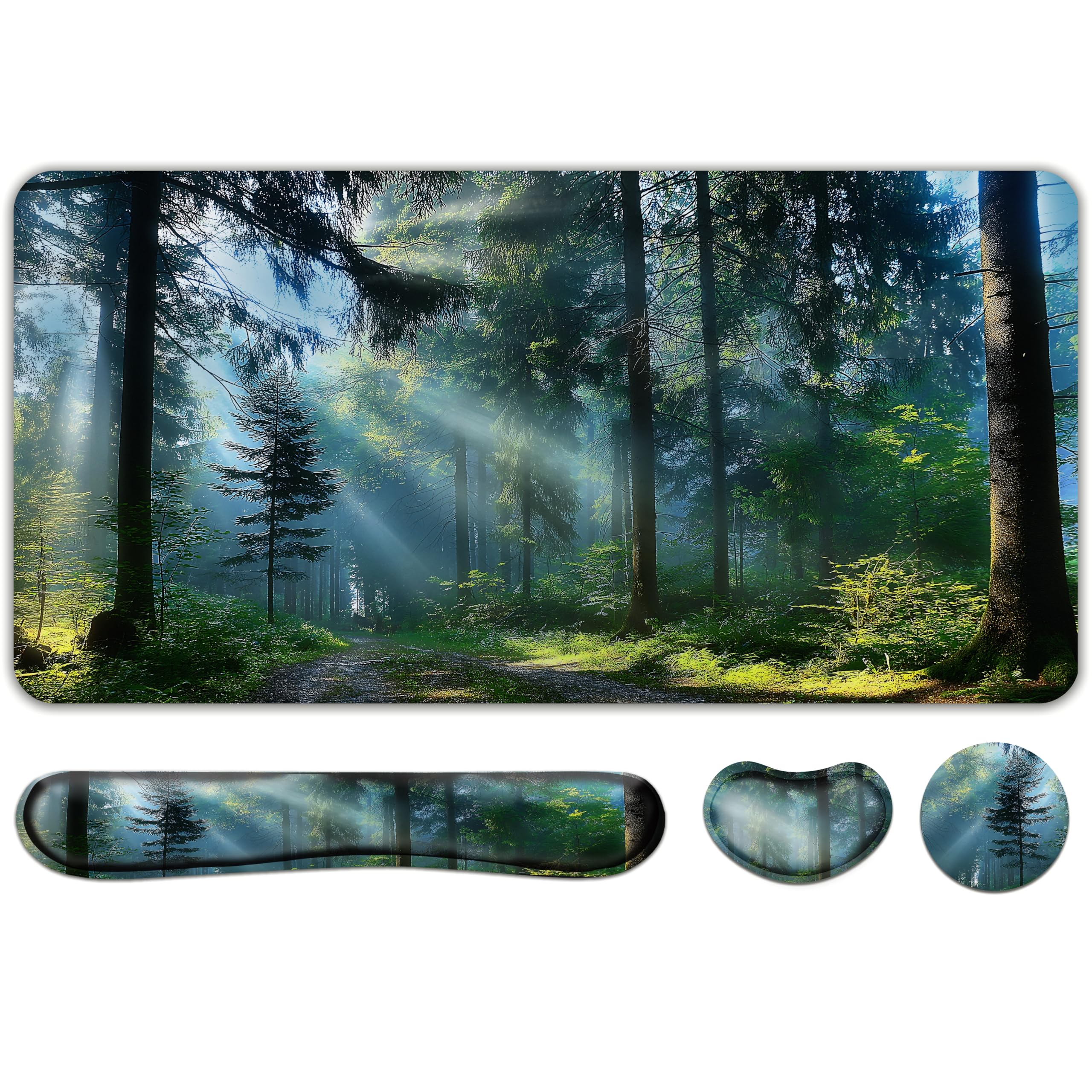 Doodlream 4-in-1 Desk Pad, Forest Sunbeam Theme, Desk Mat with Mouse Keyboard Wrist Support and Coaster, Ergonomic Design for Home Office Laptop Computer Desk Accessories