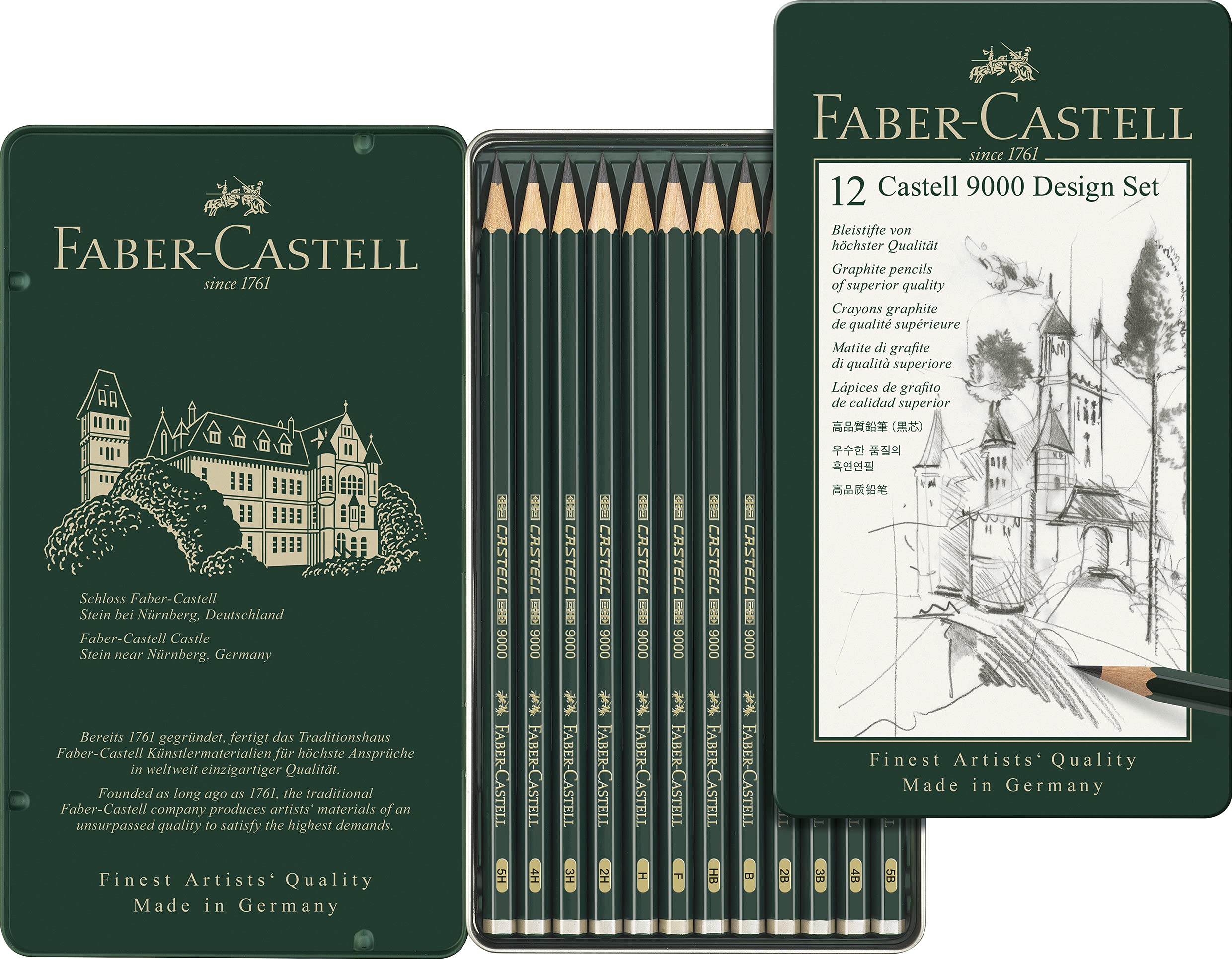 Faber-Castell Castell 9000 119064 Pencil Set of 12 Design 5B - 5H + 2 Different Erasers and PVC-Free Erasers - Image 2