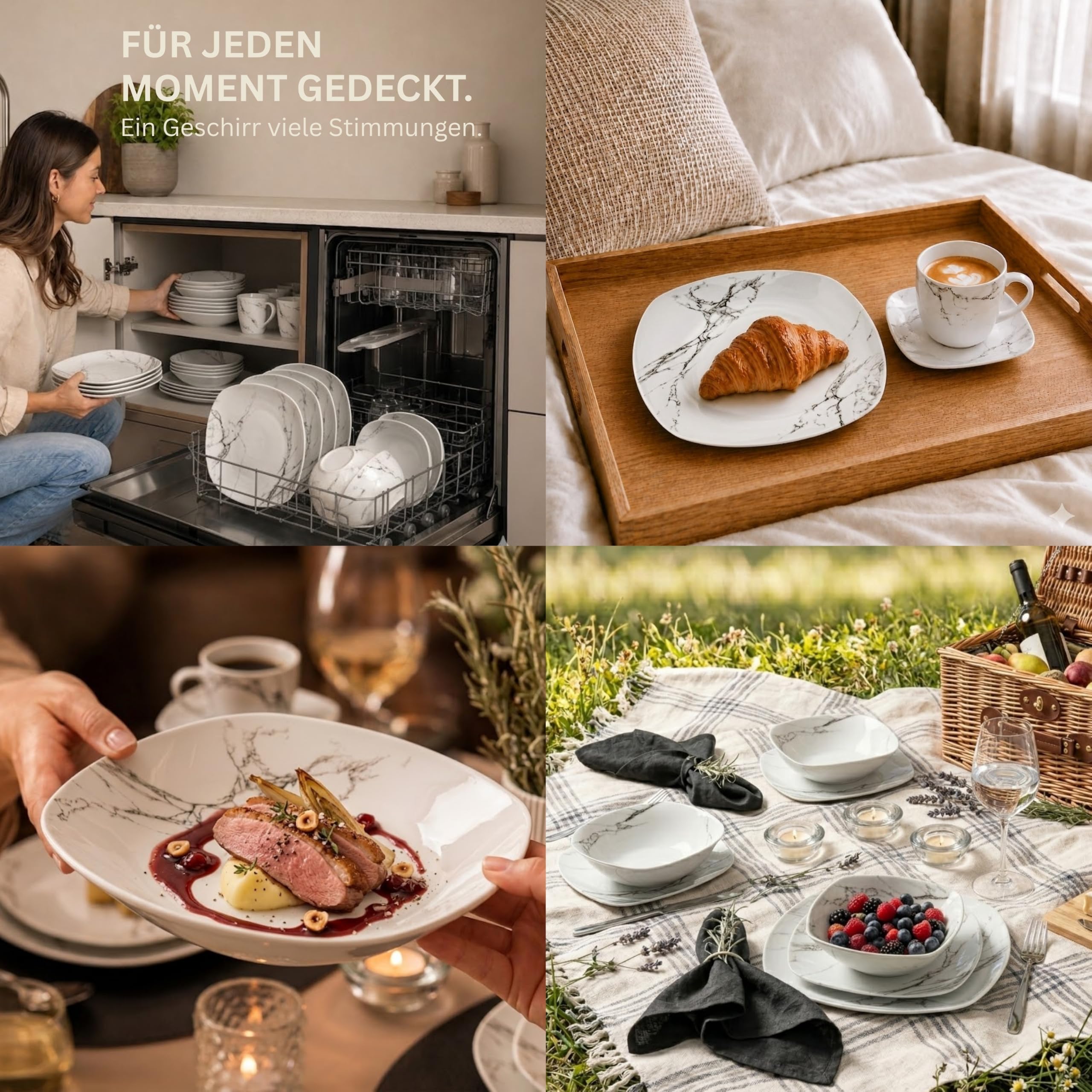 SÄNGER | Kombiservice Bilgola Marmor, 36-teiliges Geschirrset für 6 Personen mit Speise-, Dessert-, Suppentellern, Müslischalen, Kaffee- und Untertassen aus Porzellan, Eckig | PREMIUM COLLECTION