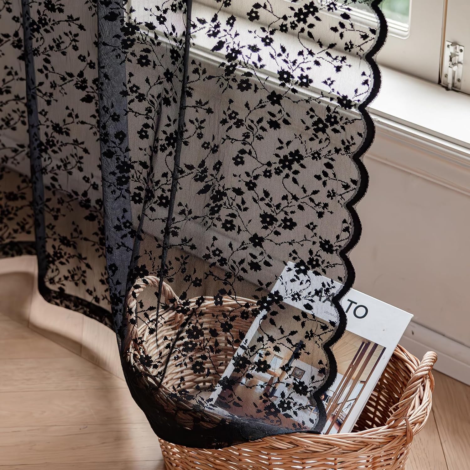 Anmao Vintage Lace Sheer Curtains 45 Inches Long - Romantic Floral Semi-Sheer Voile Panels for Living Room & Bedroom, Rod Pocket Light Filtering Drapes, Set of 2 Panels (52" W x 45" L), Black