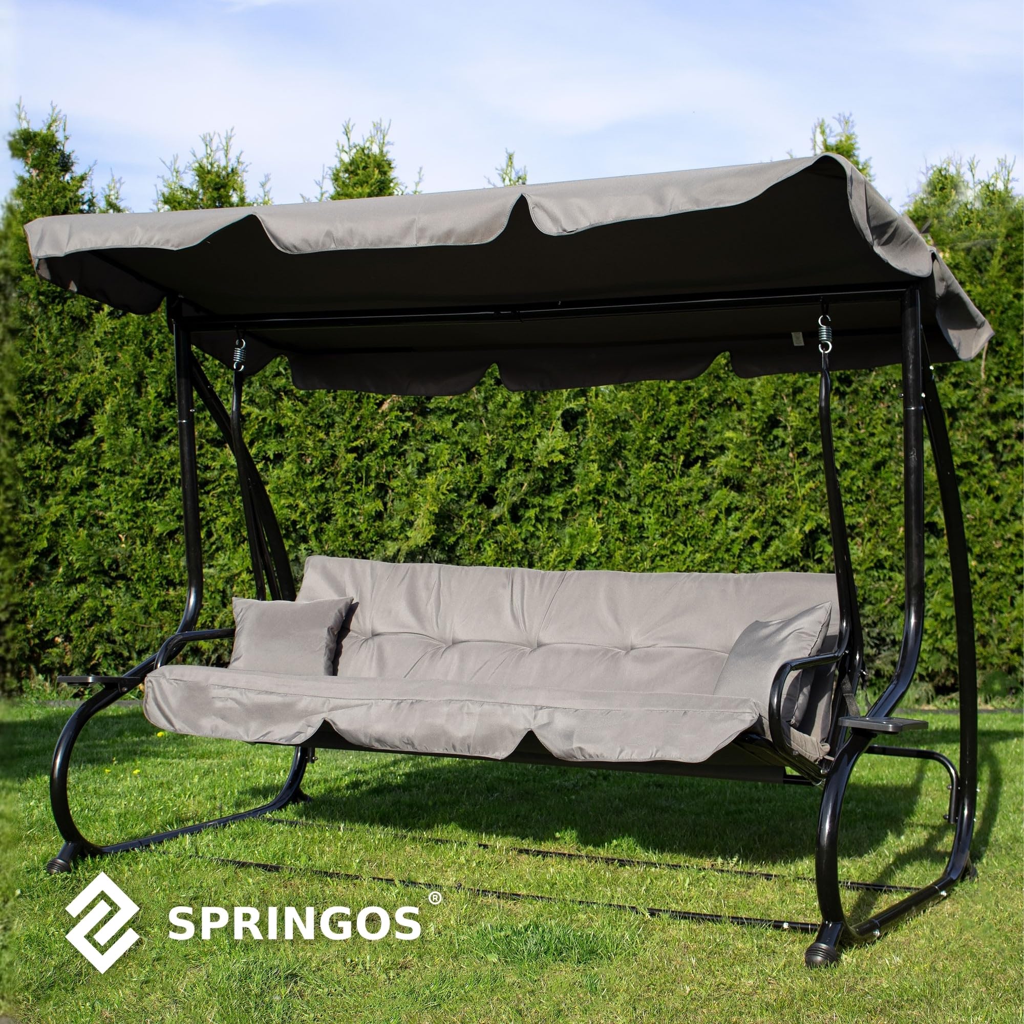 SPRINGOS Columpio de jardín de 4 plazas, 220 x 162 cm, con 2 cojines, soporte para bebidas y función reclinable, resistente a la intemperie para jardín, balcón y terraza