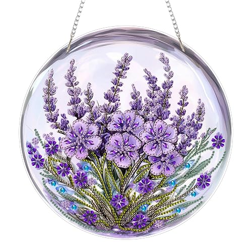 Eiflow DIY Hanging Diamond Art Kit Purple Flower, Acrylic Diamonds Painting Pendant Board Kit, 5D Gem Art Ornament Kit for Adults, Double Sided(9.4x9.4inch)