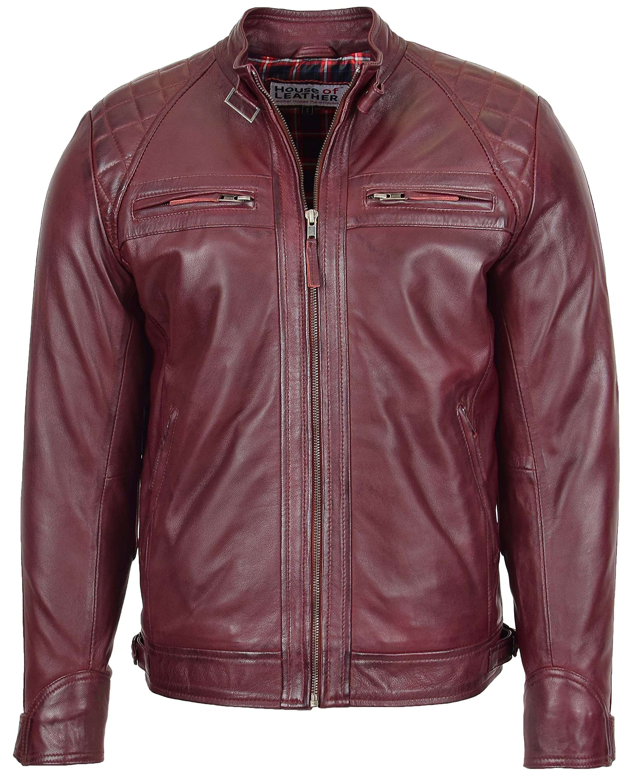 House of Leather - Men's Leather Biker Jacket - Cafe Racer - Burgundy - XL