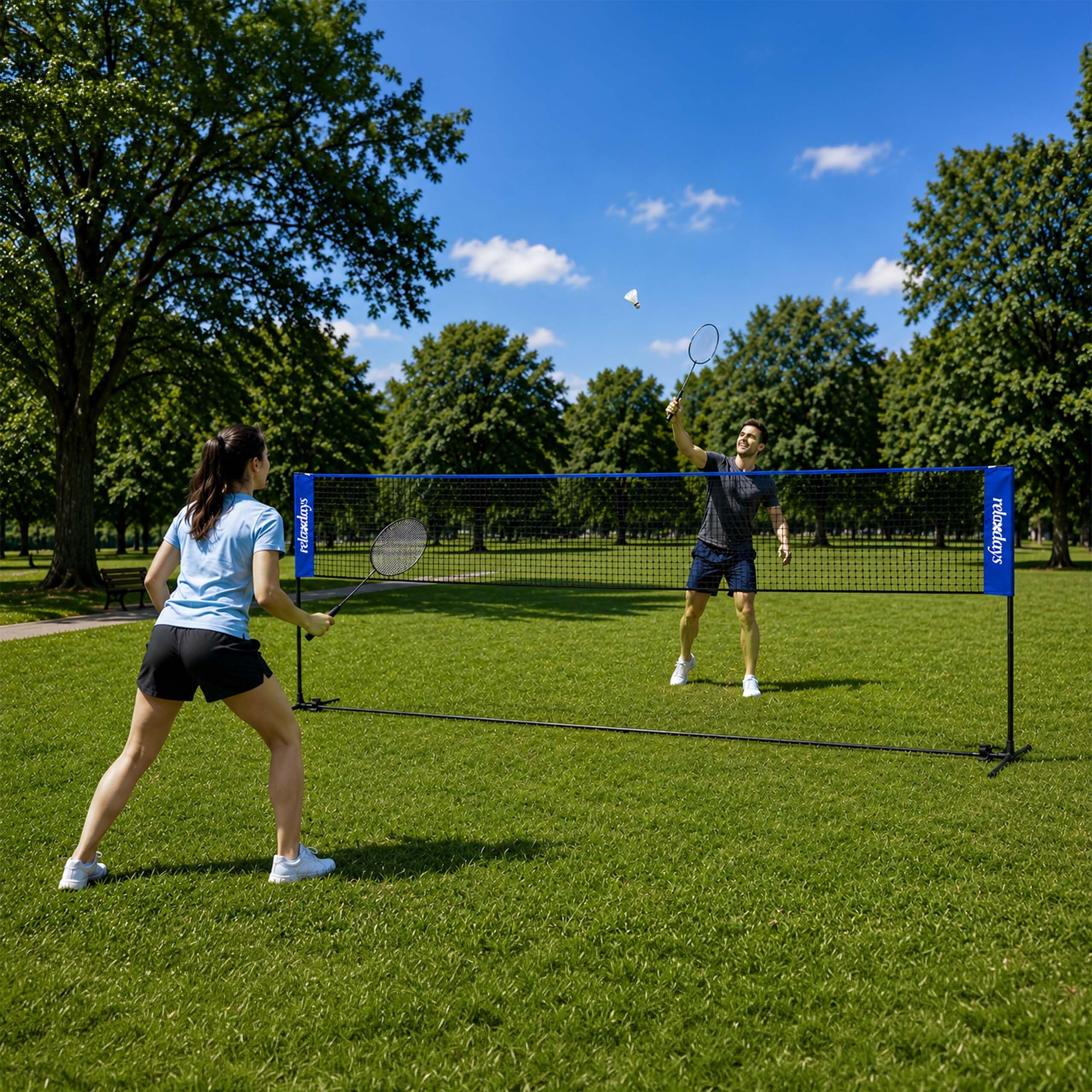 Relaxdays Badmintonnetz, höhenverstellbarer Ständer, Größe, blau/schwarz | Tragetasche, Garten & Camping, Federballnetz