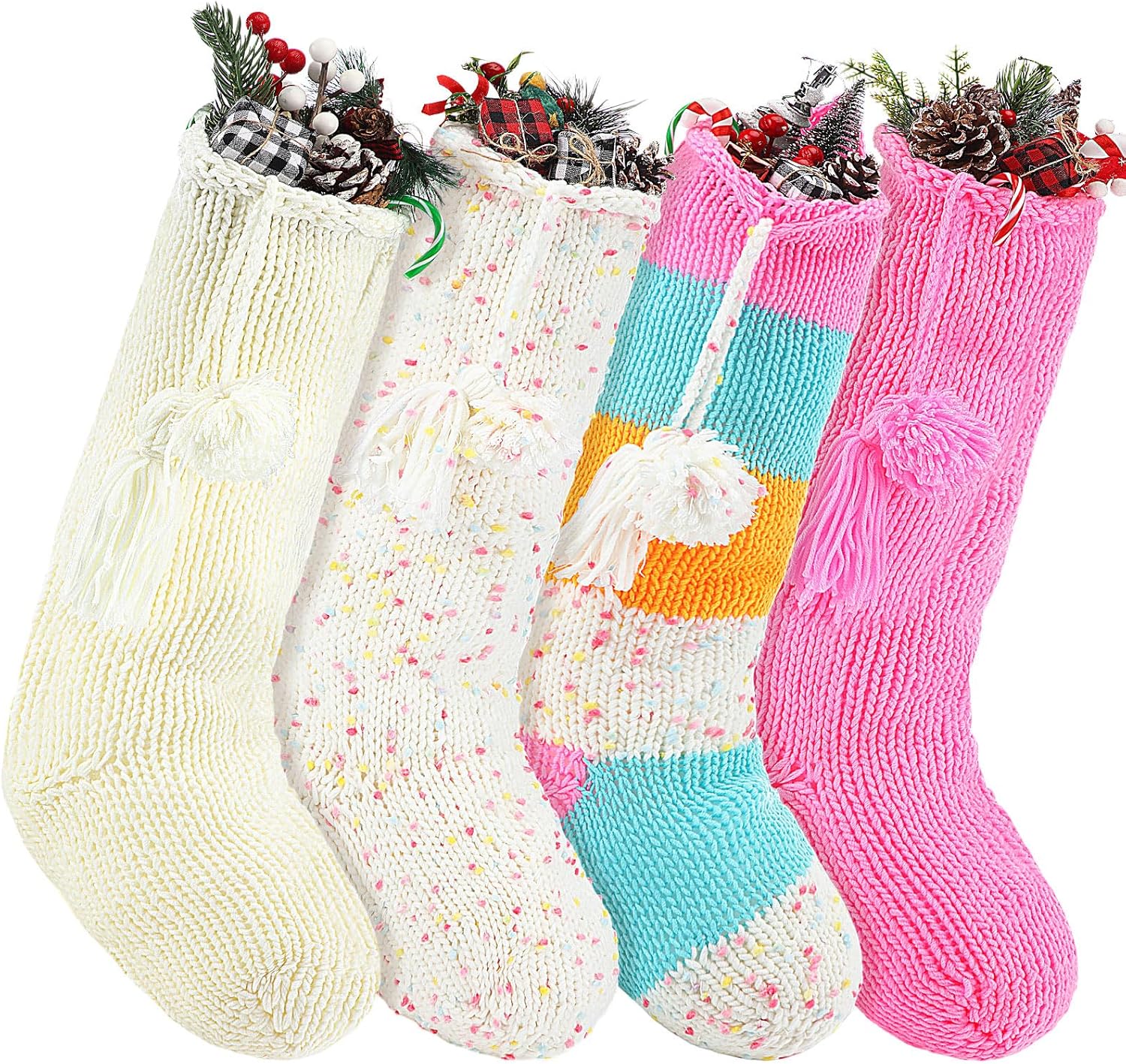 4 Pack Pastel Christmas Stockings with Tassels 18 Inches Large Hand Knitting Christmas Stockings Xmas Hanging Decorations Xmas Tree Mantel Fireplace Stairs - Image 8