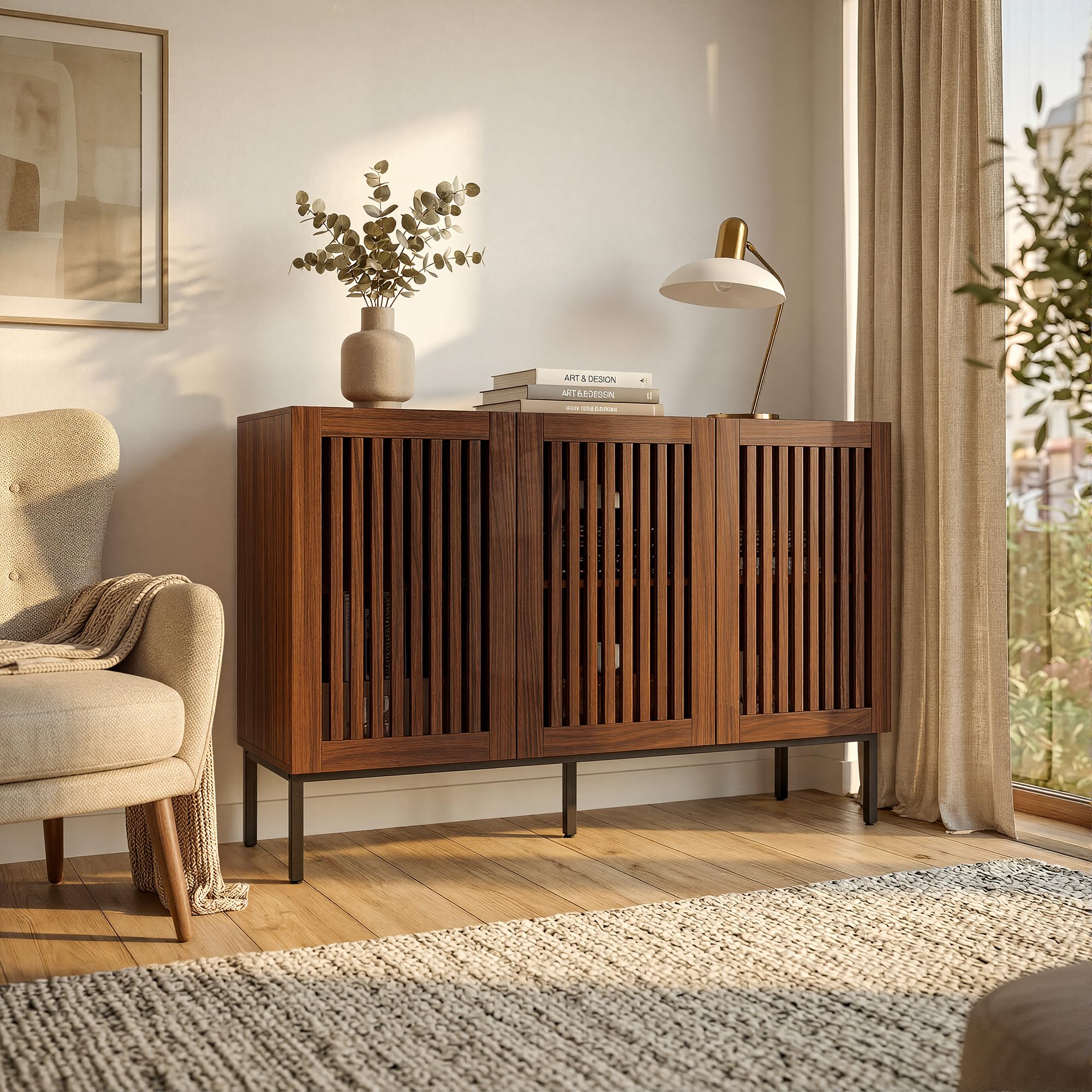 DEZAGCE Sideboard with Slatted Doors, Buffet Cabinet with 3-Door, Metal Legs and Adjustable Shelves, kitchen Cupboard for Living Room Dining Room, Walnut, 39D x 120W x 80H cm