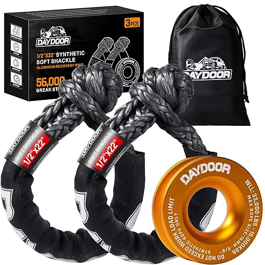 Daydoor 56,000 lbs soft shackle recovery kit, 1/2" x 22" (2-pack) with 7075 aluminum snatch ring, winch accessory for jeep wrangler, bronco, 4runner, tacoma, atv/utv/jeeps/suvs, 4x4 off-road(gray)