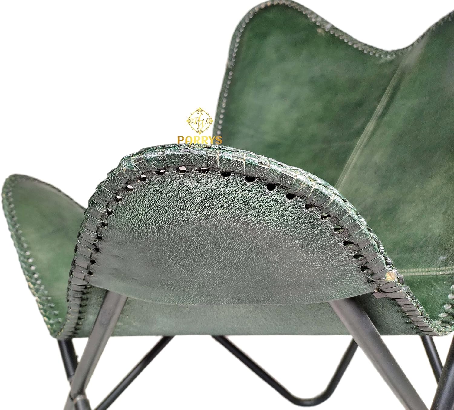 Poppys Handmade Green Leather Butterfly Chair – Genuine Leather Accent Chair with Folding Iron Frame for Living Room, Lounge, or Office – Vintage Boho Home Decor Furniture