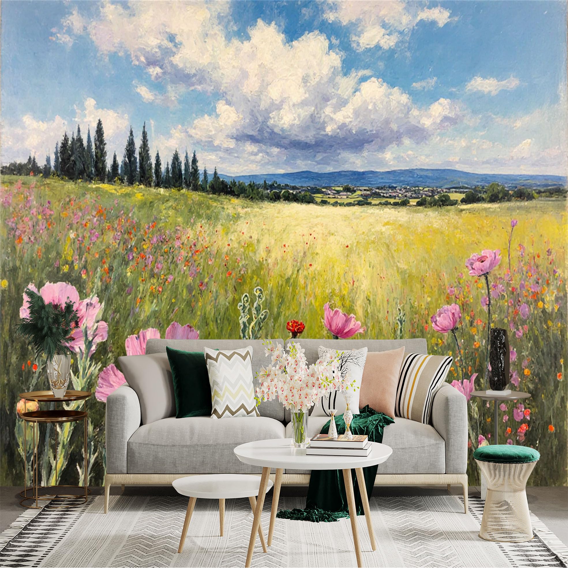 Lnzczhyre Xc260505171 Custom Size Wall Sticker Mural， Impressionist Wildflower Meadow， Pink Floral Field， Summer Countryside Landscape， For Wall Decoration， Peelandstick Wall Decals.