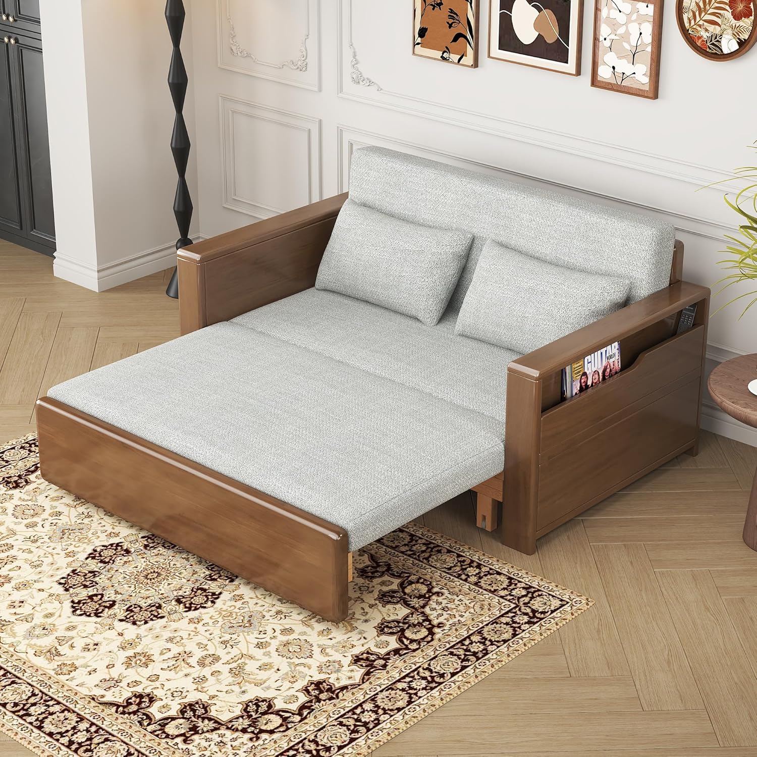 48"full double size grey cushion convertible sofa sleeper with storage,sectional sleeper sofa with reversible chaise,wood sofa bed 3 in 1 pull out couch bed for livingroom,apartment,bedroom,office