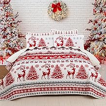 WONGS BEDDING Christmas Quilt Set, Striped Bedspread Reindeer Snowflakes Bedding Set 3 Pieces Quilted Coverlet with 2 Pillowcases Elks Trees Pattern for King Bed, Red White, King 90''x103''