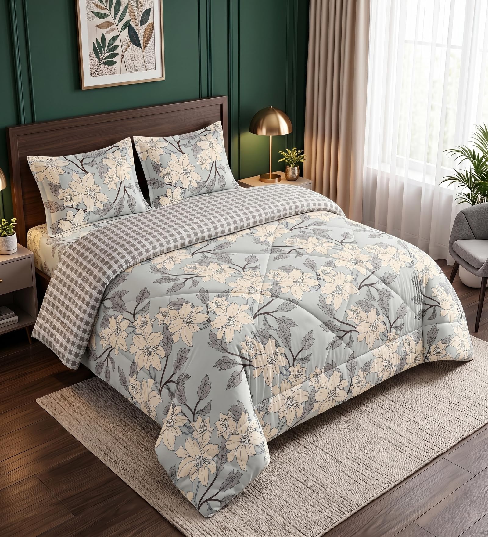 Green Floral 4 Pcs Comforter set with Queen size bedsheet + 2 Pillow covers | 4 Pcs Bedding Set | Polycotton | Super soft material |Quality Stitched-image-35