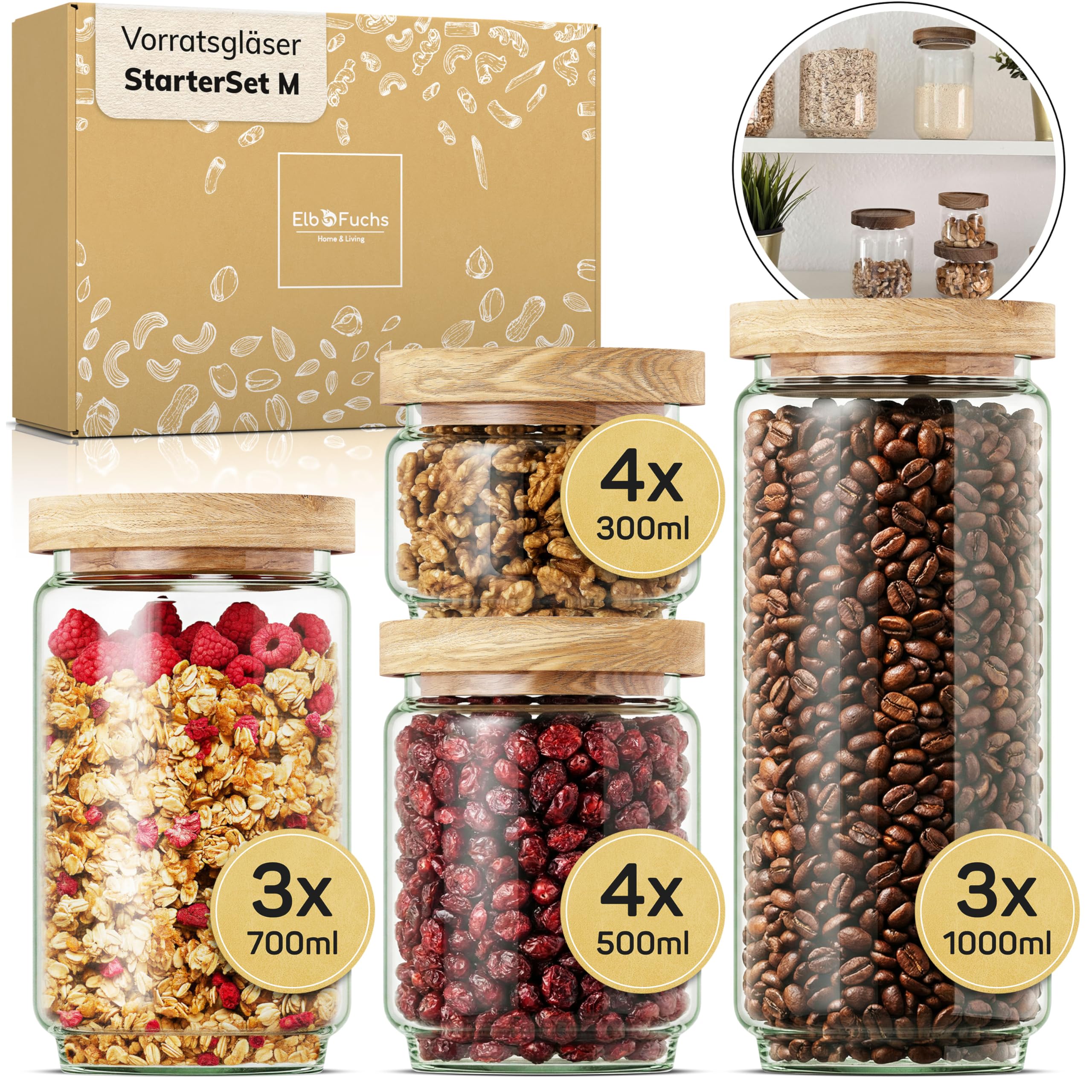 ElbFuchs® Vorratsgläser ECO Kombi-Set M 14-teilig [BPA-FREI & MOTTENSICHER] Vorratsdosen luftdicht mit Holzdeckel | Aufbewahrungsgläser für Kaffee, Zucker, Salz, Mehl, Tee & Müsli