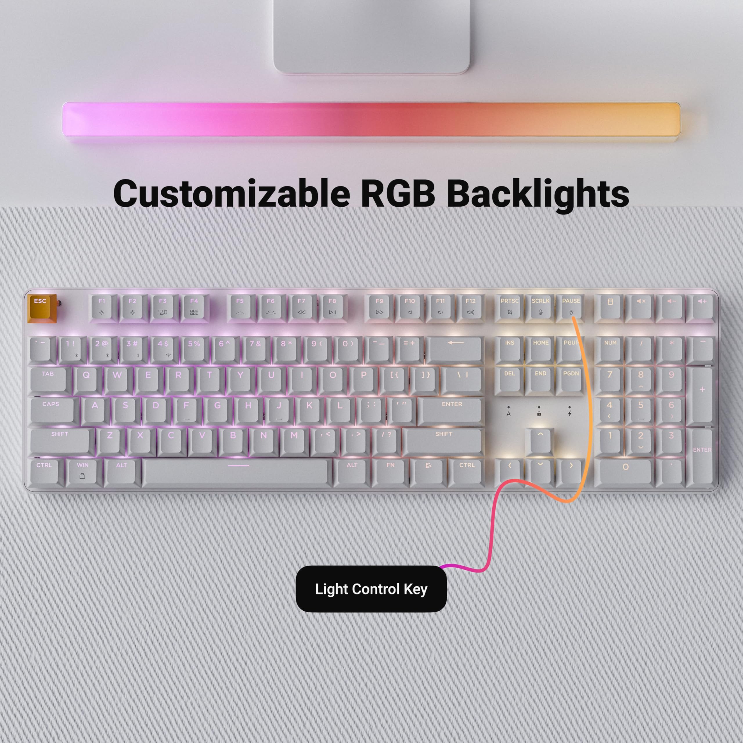 Keychron KJ5 Wireless Mechanical Keyboard - 100% Full-Size Layout Red Switch, QMK RGB Backlit, 2.4G/Bluetooth/USB-C, Double-Shot Cherry PBT Keycaps, 3750mAh Battery, Mac/Win/Linux Compatible - White - 4