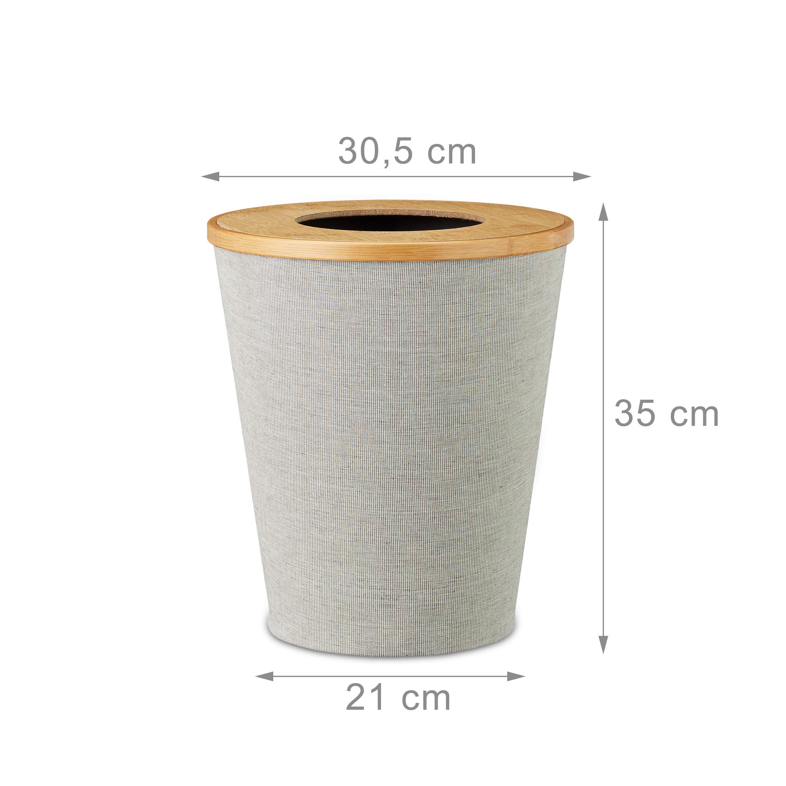 Relaxdays Corbeille à papier en bambou poubelle ronde seau intérieur plastique couvercle bureau 35 cm, nature, gris