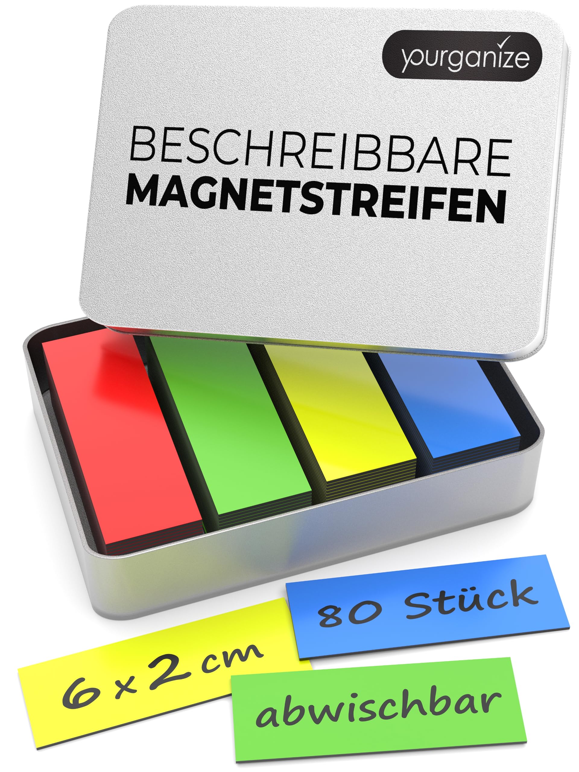 Yourganize Rot, Blau, Gelb, Grün Yourganize® Magnetic Strips Writeable | Pack Of 80 | 60 X 20 Mm | Magnetic Signs For Writing On | For Fridge, Whiteboard & Blackboard | Magnetic Strips