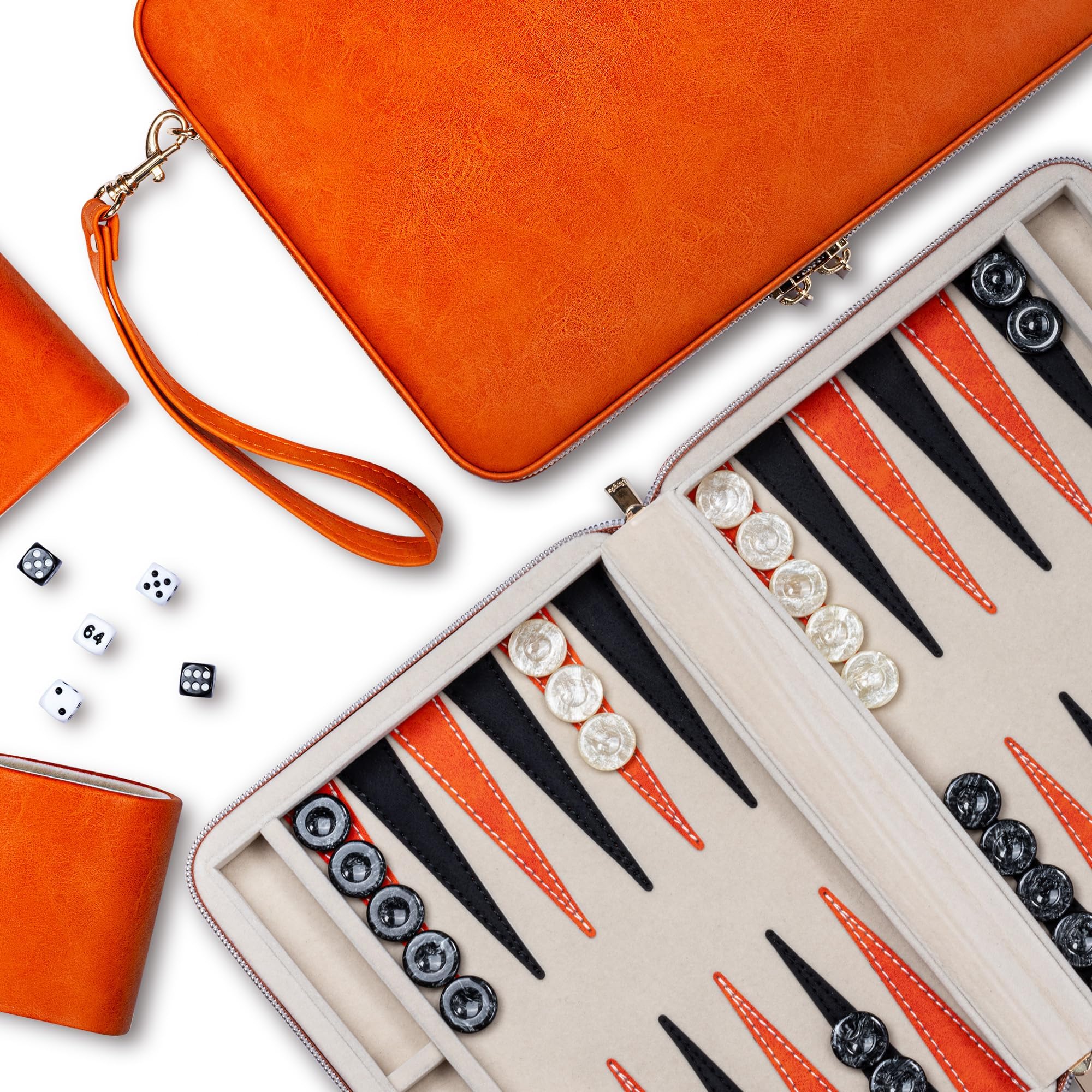 9.4" Backgammon Sets for Adults, Classic Board Game with Folding Faux Leather Backgammon Case, Portable Travel Backgammon Game Set (Orange)