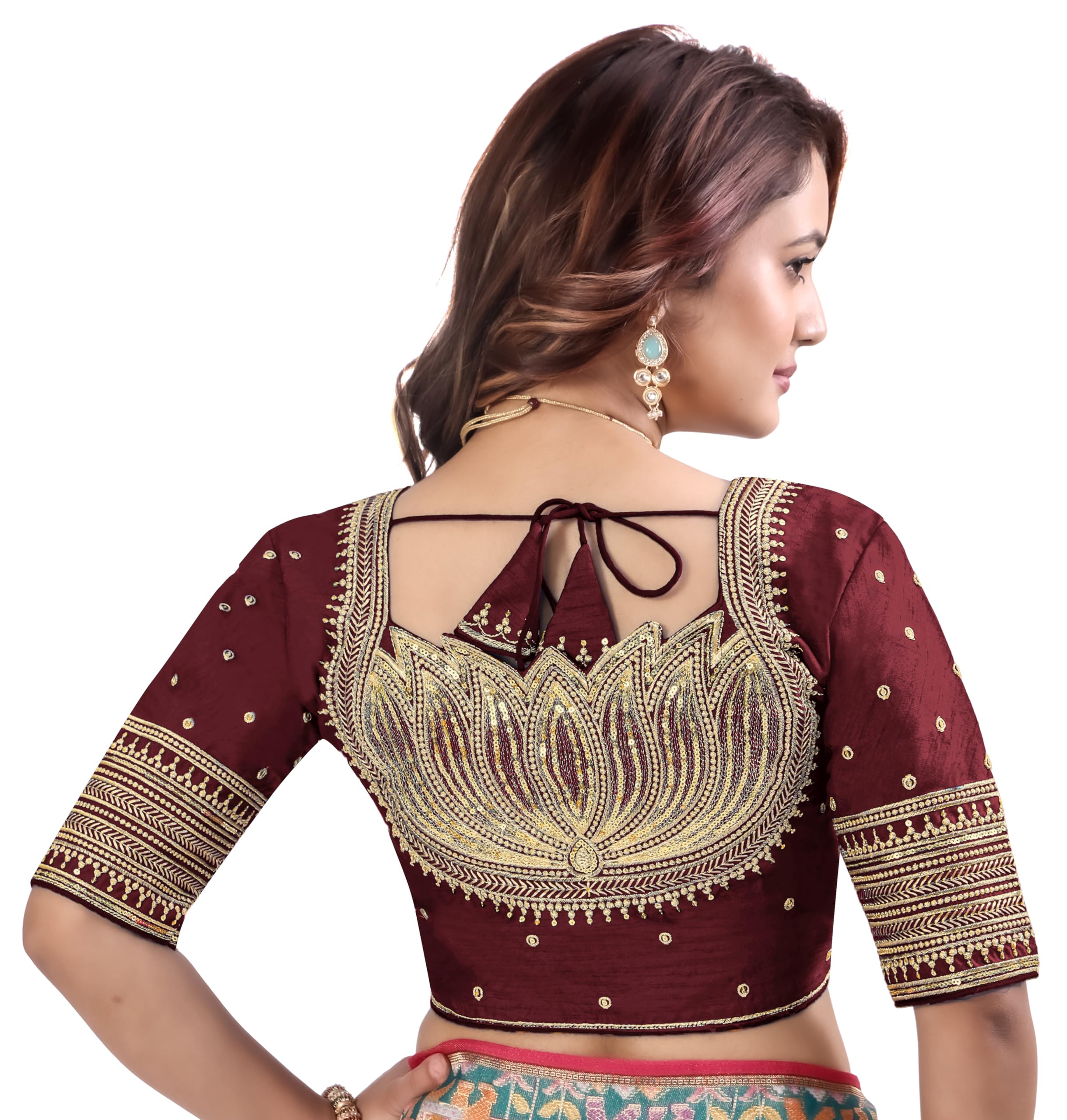 pujia mills Women Mono Bangalore Floral Zari Embroidery Work Short Sleeve Round Neck Front Open Cutout Back Readymade Saree Blouse-picture-52