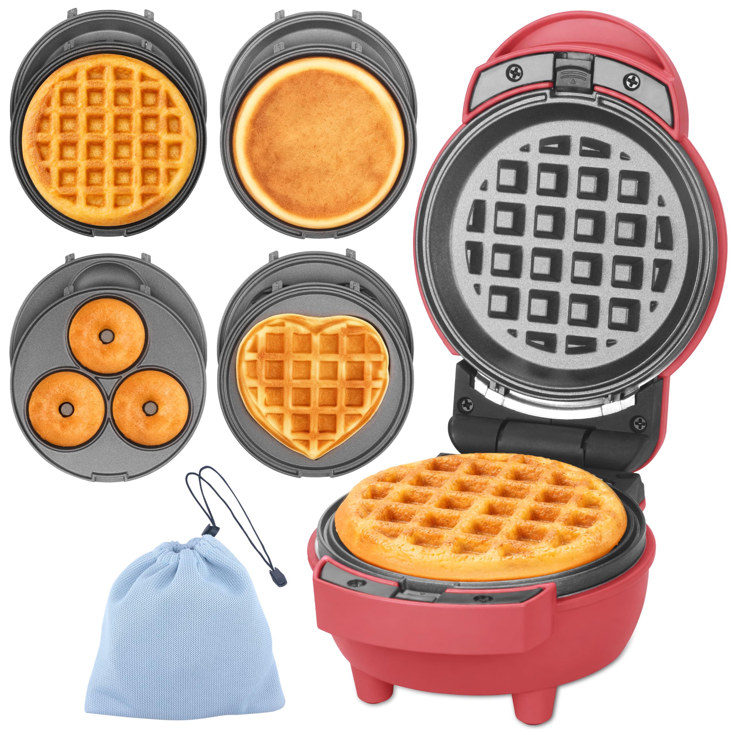 Baker's Friend 4 in 1 Mini Waffle Maker with Removable Plates, Set Includes Mini Pancake, Donut, Heart Shape Waffle Makers, Compact Size, Recipe Included, Red