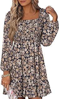 Womens Long Lantern Sleeve Square Neck Dress Smocked Tiered High Waist Ruffle Flowy Swing 2026 Spring Short Dresses