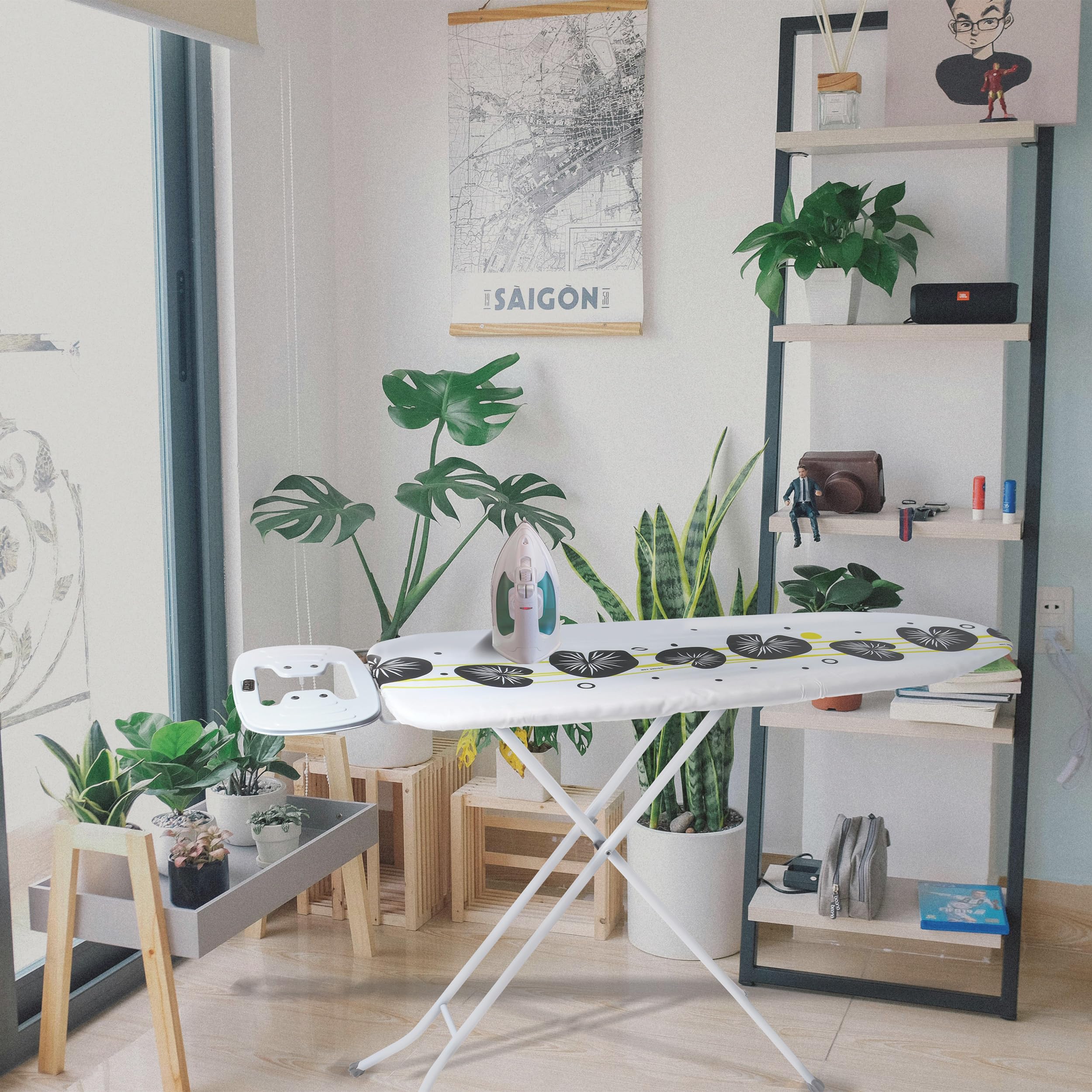 MSV - Asse da stiro modello Eco - 10 posizioni - Altezza regolabile fino a 90 cm - 130x33x90 cm - Pieghevole - Poggiaferro a forma di H - Motivi casuali