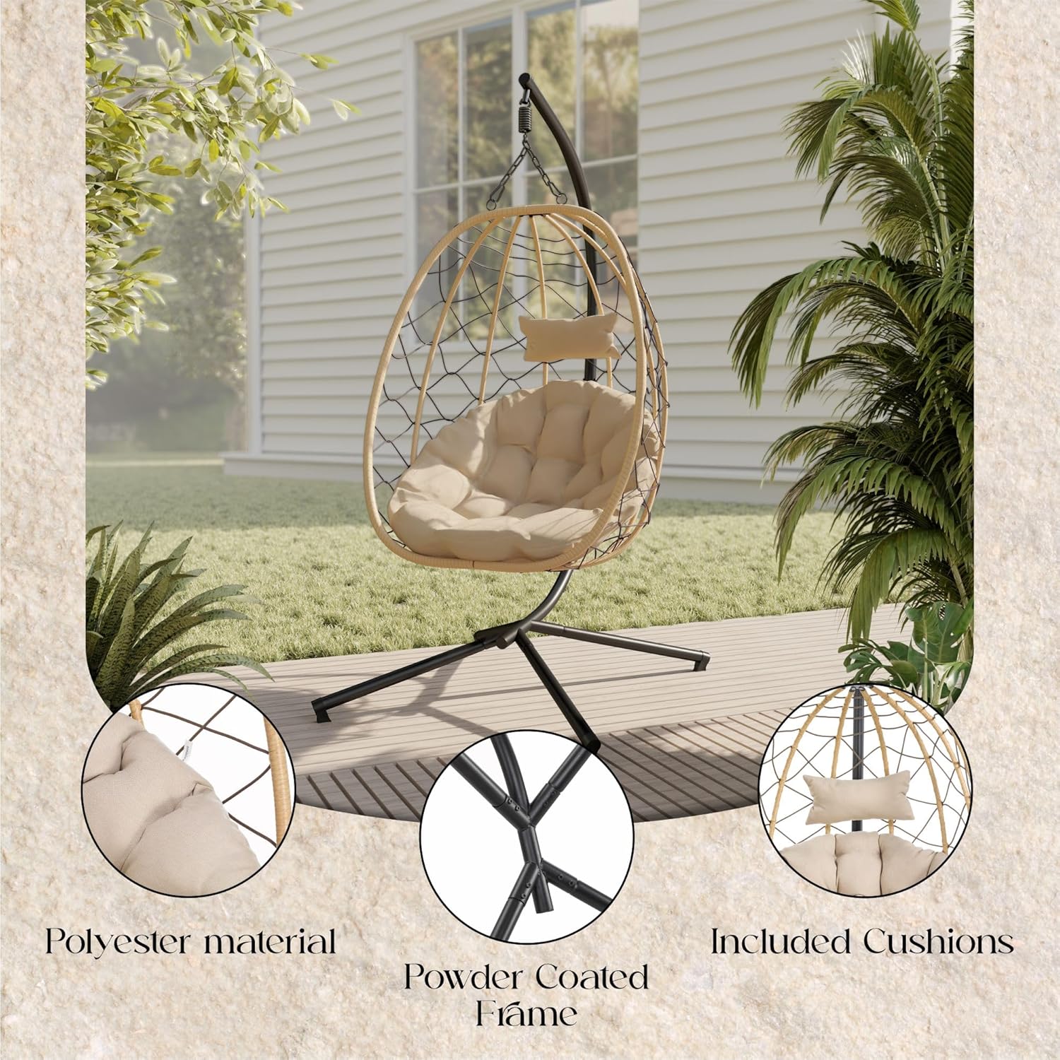 LeisureMod Outdoor Egg Chair with Stand, Hanging Swing Chair with Durable Brown Frame and Plush Beige Cushions, Hammock Basket Chair for Bedroom, Patio, Garden, Balcony
