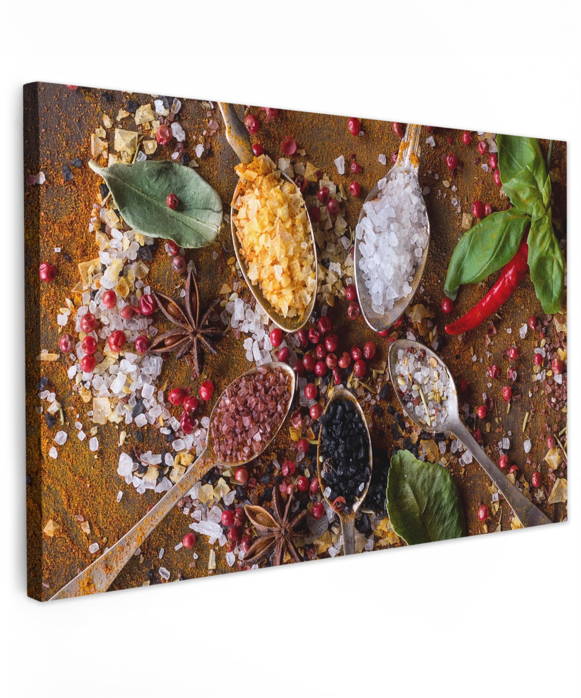 MuchoWow© Leinwandbilder 60x40 cm Wall Art Decoration Bilder für die Wand Deko Canvas Wanddekoration Wohnzimmer Bild Küche - Gewürze - Kräuter - Löffel - Salz - Braun - Lebensmittel