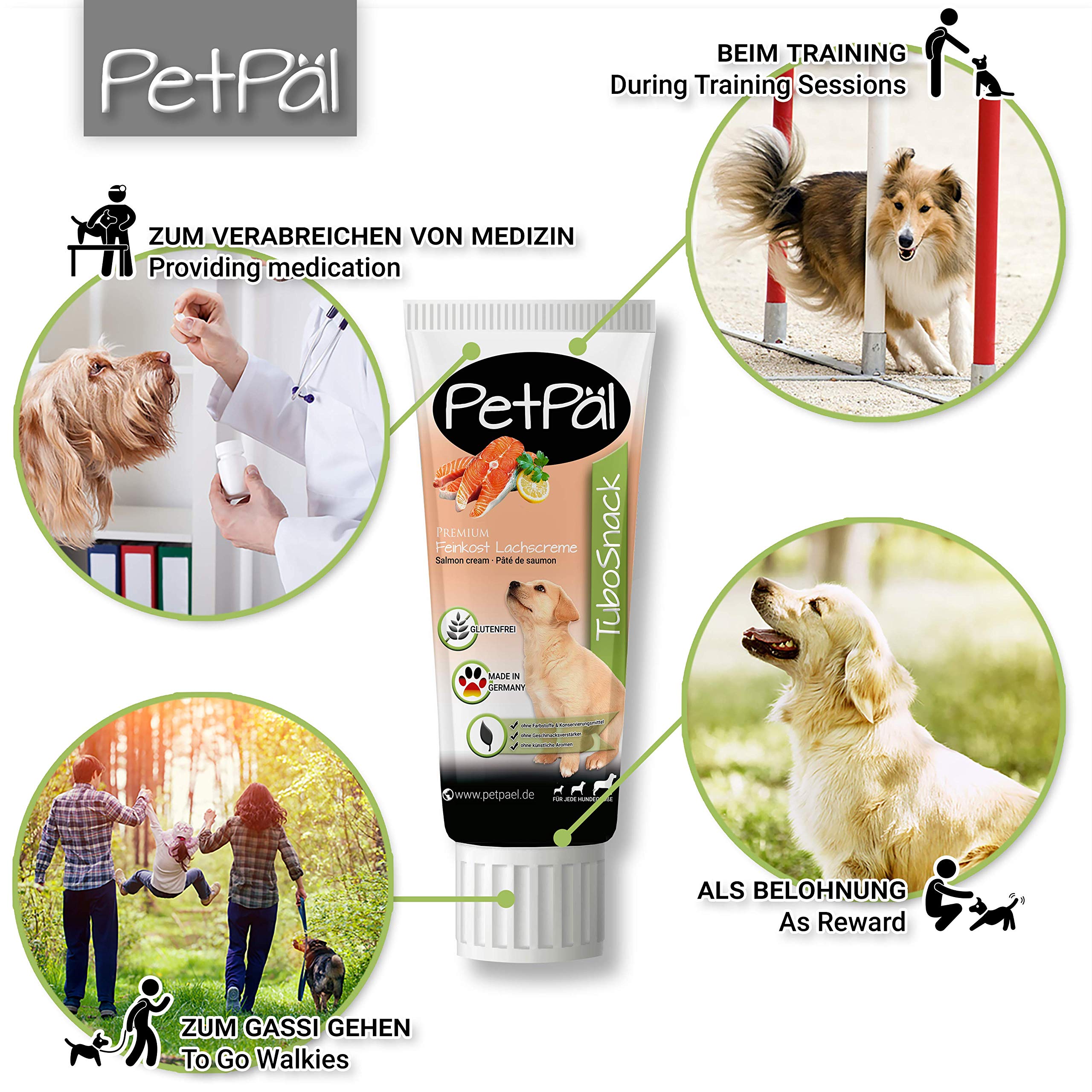 PetPäl Saucisse pour Chiens TuboSnack - Lot de 12: Crème de Saumon en Tube - Premium Friandise naturellement délicieuses sans Céréales, Sucre, Sel - Aussi pour Les Chiots - Made in Germany