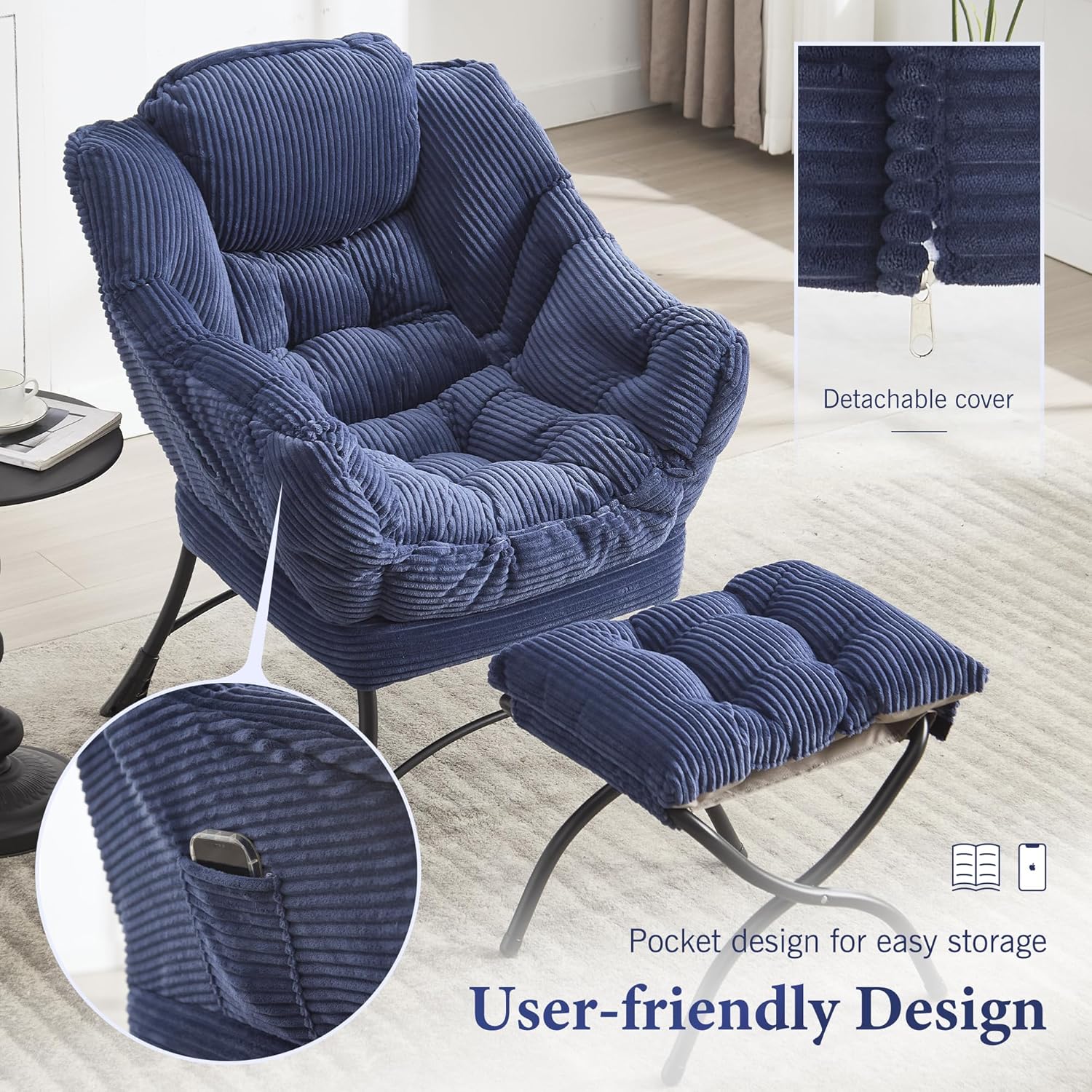 HOMEFUN Lazy Chair with Ottoman Bedroom Chairs for Adults Modern Lounge Accent Chair with Armrests, Ergonomic Footrest for Small Spaces, Comfy Reading Chair for Living Room, Bedroom, Office Navy