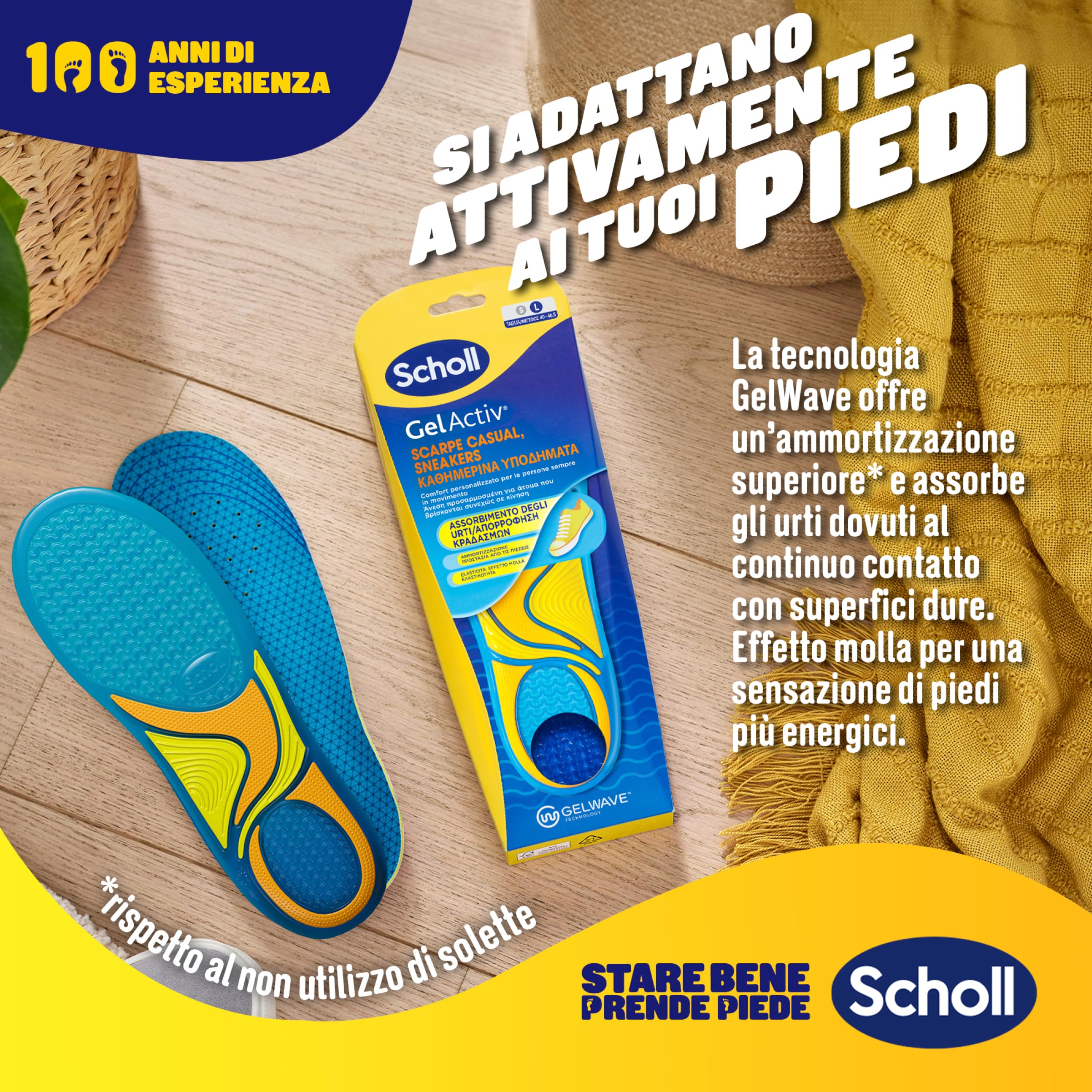 Scholl GelActiv Wkładki do butów i trampek, wkładki z pianki memory z technologią GelWave amortyzujące, komfort dla osób zawsze w ruchu, wygodne stopy przez cały dzień, rozmiar 40-46,5