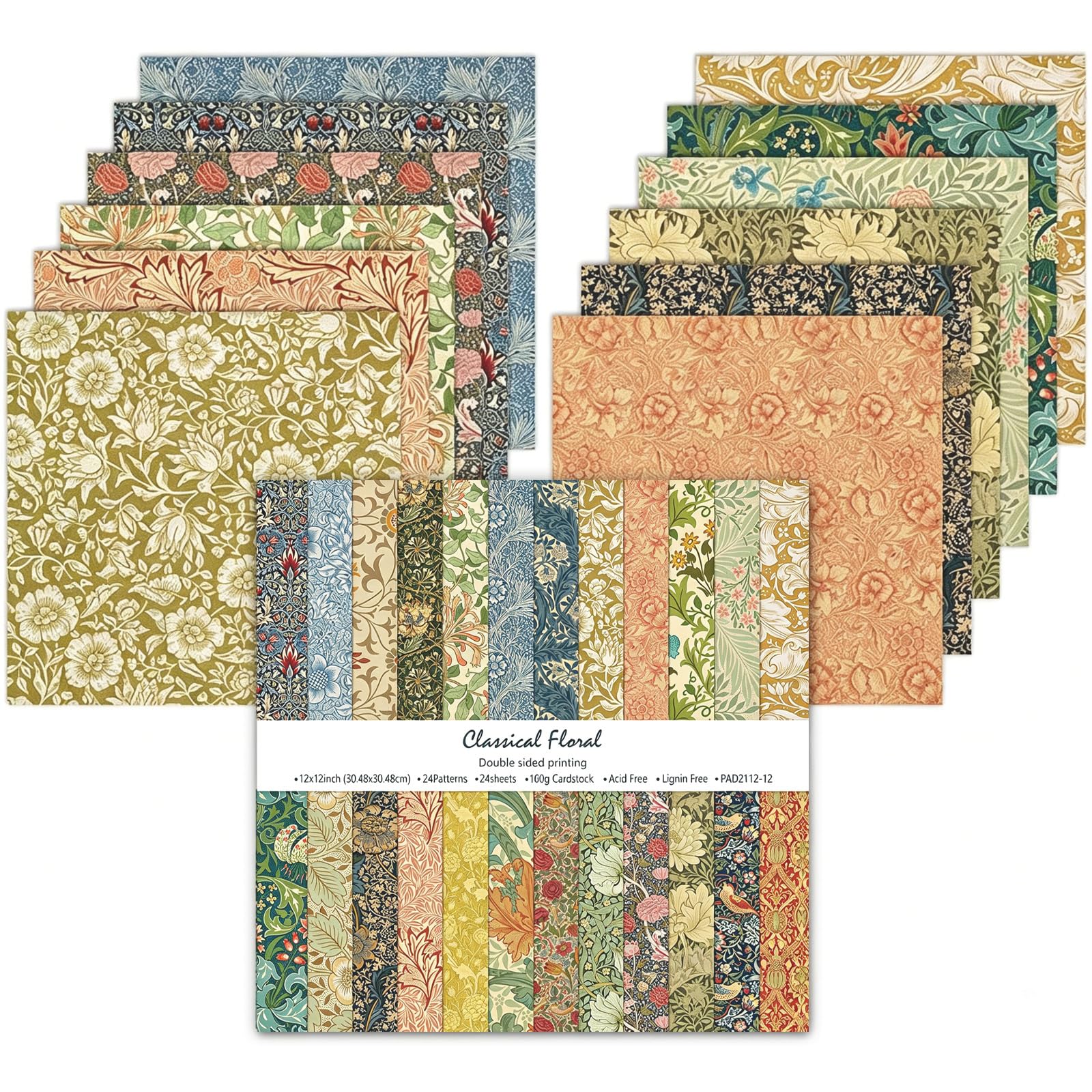 24 Sheets 12x12inch Scrapbook Paper, Double Sided Floral Paper (Classical)