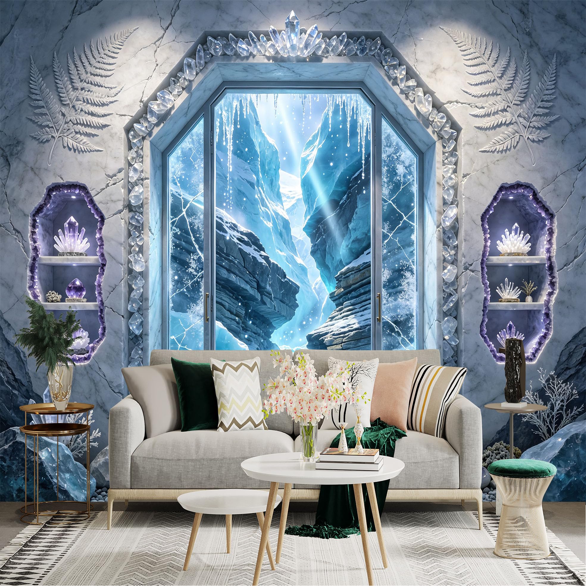 Lnzczhyre Bh260719303 Custom Size Wall Sticker Mural， Magical Ice Crystal Cave Door， Frozen Glacial Landscape， Sparkling Gemstone Shelves， For Wall Decoration， Peelandstick Wall Decals.
