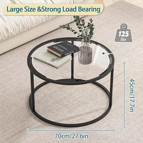 Miniatura 2 de Mesa de café redonda, pequeña mesa de café negra para sala de estar, mesa central moderna de 27" con tapa de vidrio transparente y marco de metal