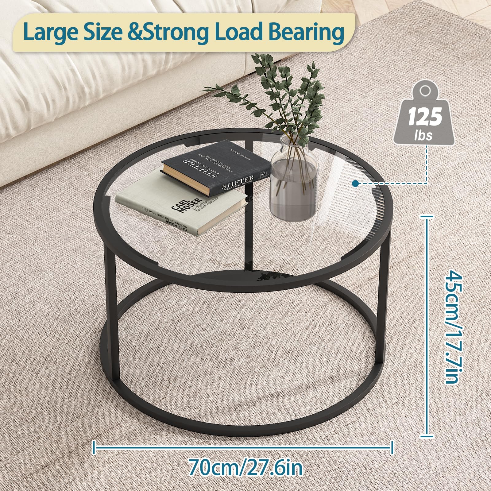 Round Coffee Table,Small Black Coffee Table for Living Room,27