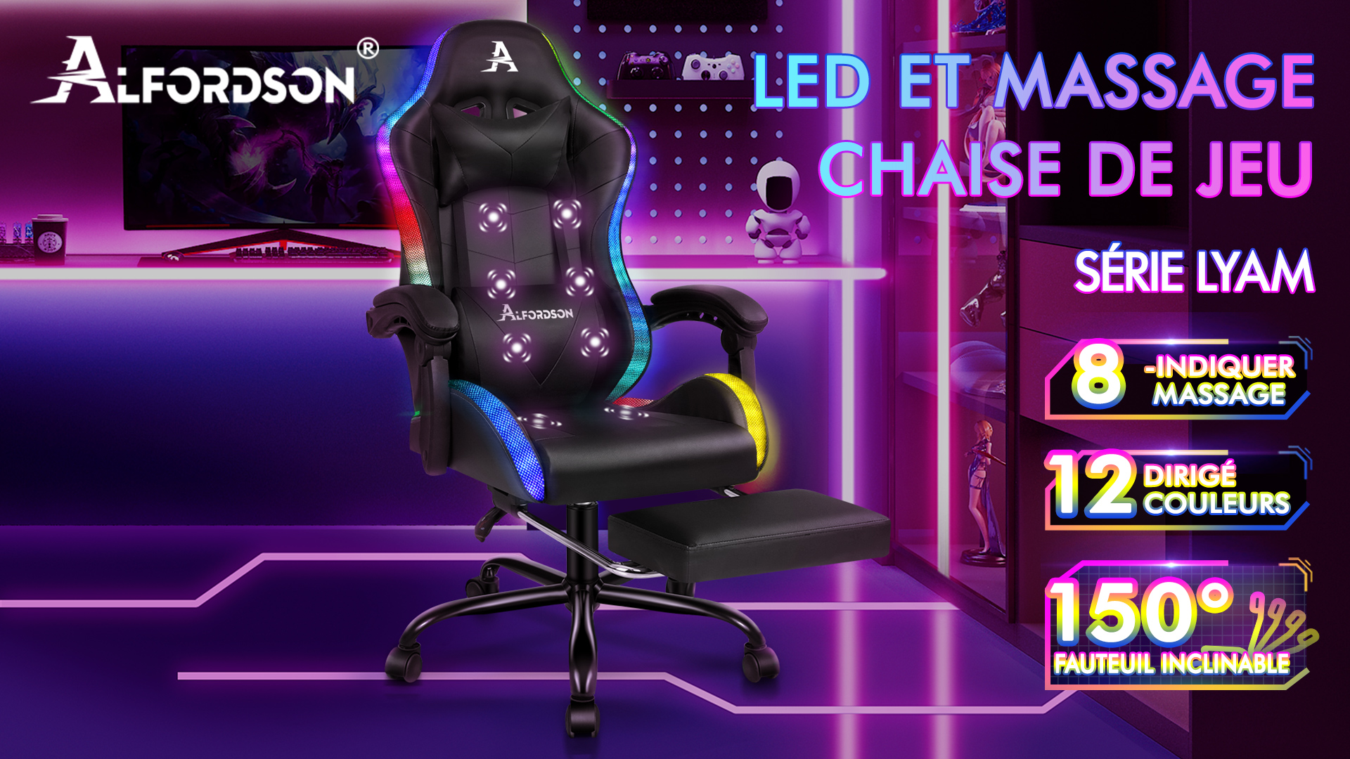Chaise De Jeu Massante Avec LED - Inclinaison 90°-150°, Repose-pieds Rétractable - Cuir Synthétique, Capacité 180kg - Noir