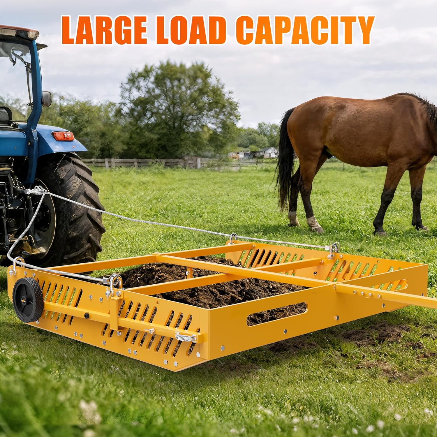 Yellow Horse Manure Scoop Tow Behind, 2-in-1 Tow Behind Manure Collector & Horse Paddock Cleaner, Pull Behind Pasture Manure Scoop for ATV UTV Tractor, Heavy Duty Horse Pasture Cleaner Yard Sweeper