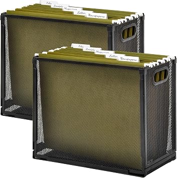 EASEPRES Desk Hanging File Organizer with 10 Folders, Mesh Metal Letter-Size Desktop File Holder Box for Filing Folder Storage Basket, 2 Pack Black, 12.2 x 9.45 x 5.45 inches