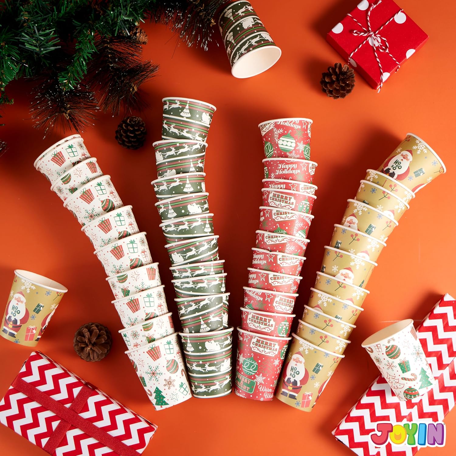 JOYIN 48 PACK Christmas Cups Disposable, 9 oz Paper Cups Holiday Winter Style Designs for Hot Chocolate Coffee & Tea, Xmas Party Drinkware, Party Supplies