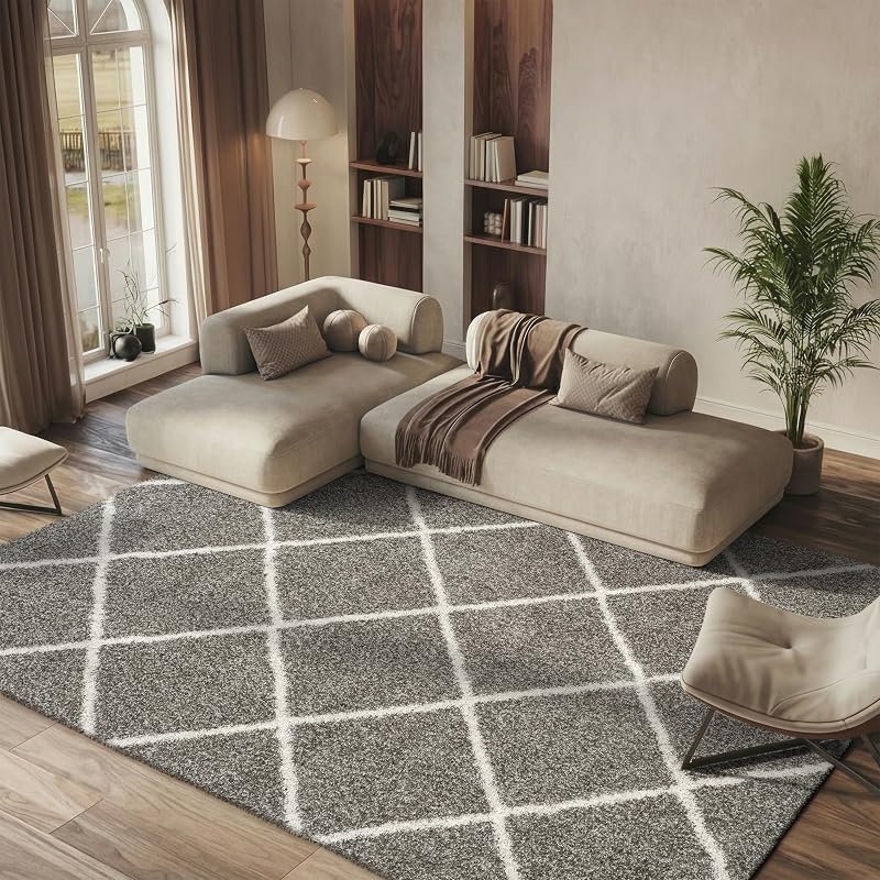 Alfombra de pelusa SAFAVIEH Hudson 6x9, enrejado de felpa gris y marfil SGH281B