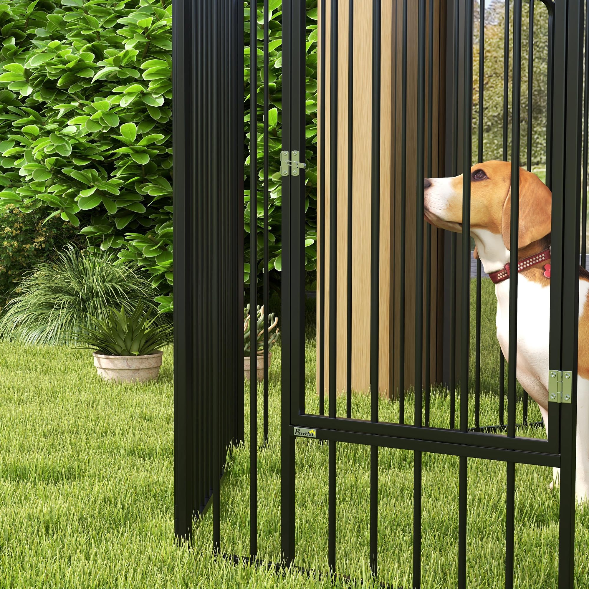 PawHut 6-teiliger modularer Stahl-Hundekäfig 164x83x100 cm Schwarz | Kleine, mittlere & große Größe, Innen- & Außenbereich, Hundegitter, 7 Erdspieße