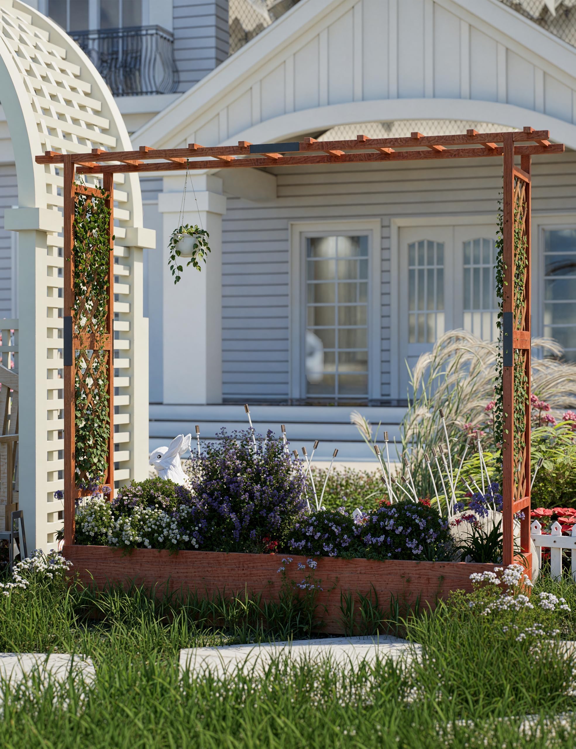 Acekool Jardinera Independiente para Plantas Trepadoras, Flores y Hierbas Aromáticas, con Enrejado, Cubierta, Soportes Laterales y Orificios De Drenaje, para Terrazas, Balcones y Jardines