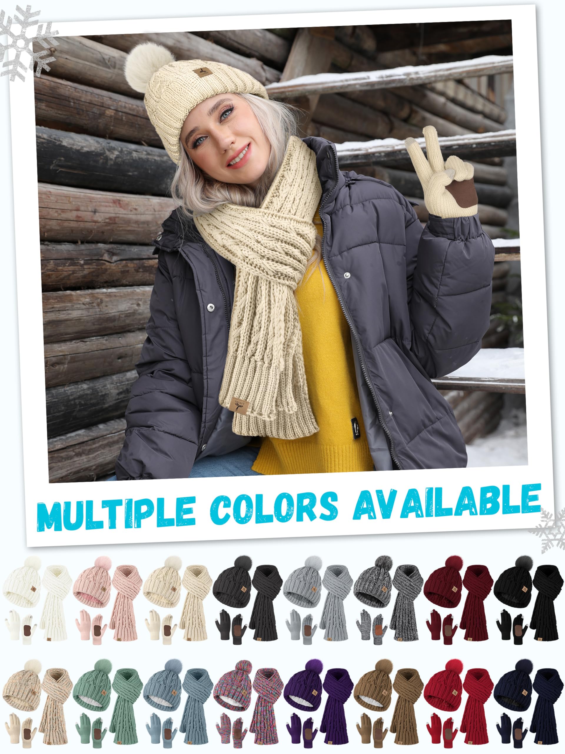 Wintermütze, Schal, Handschuhe, Set, Fleece-gefüttert, Bommelmütze, warm, gestrickt, langer Schal, Touchscreen-Handschuhe, Wintergeschenk für Damen