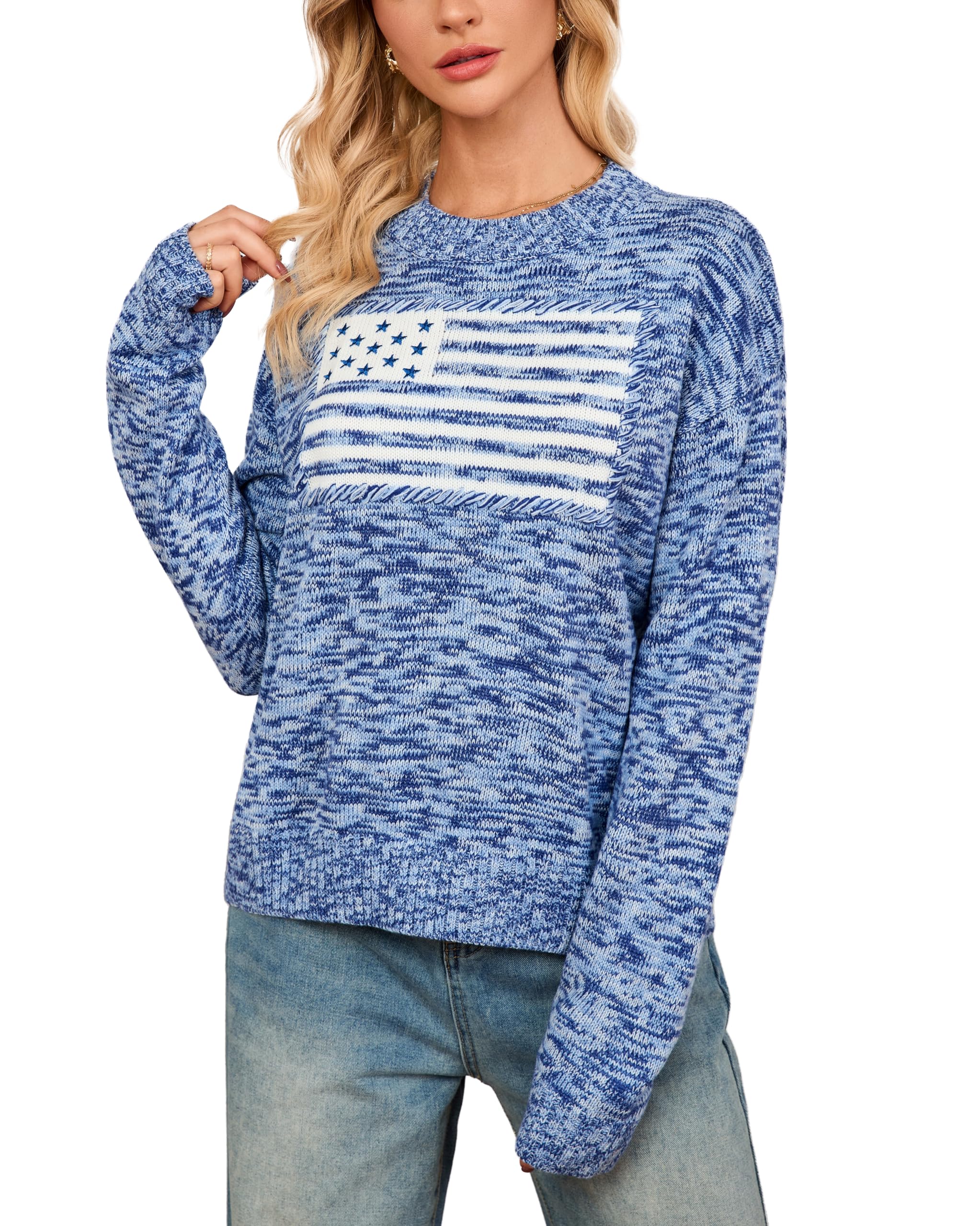 Women's American Flag Sweater Long Sleeve Knit Crewneck Pullover Casual Loose Fit Graphic Y2k Sweater Tops
