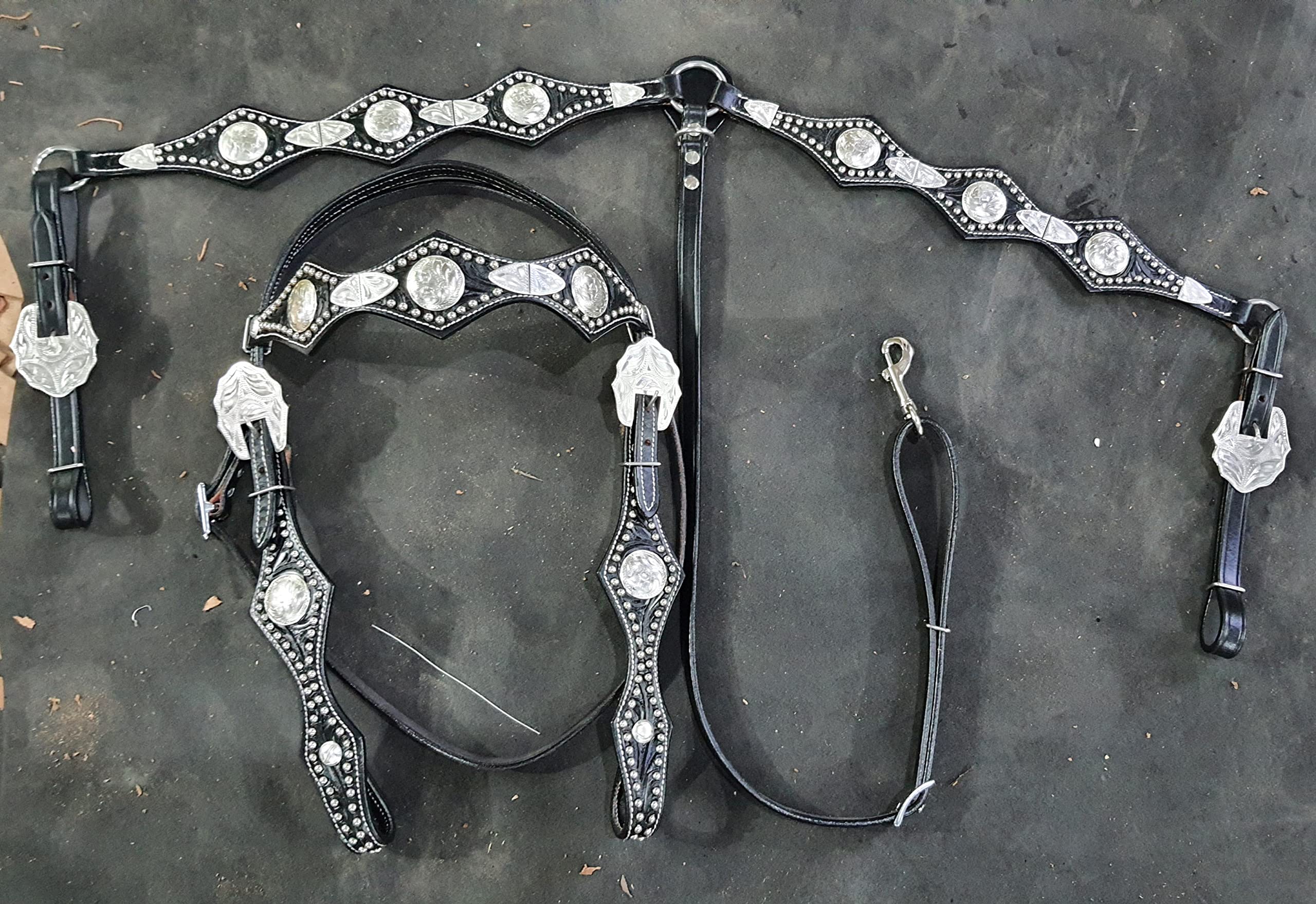Western Saddle w pełni dekoracyjny srebrny strój wystawowy z nakryciem głowy i rozmówcą piersi (40 cm)