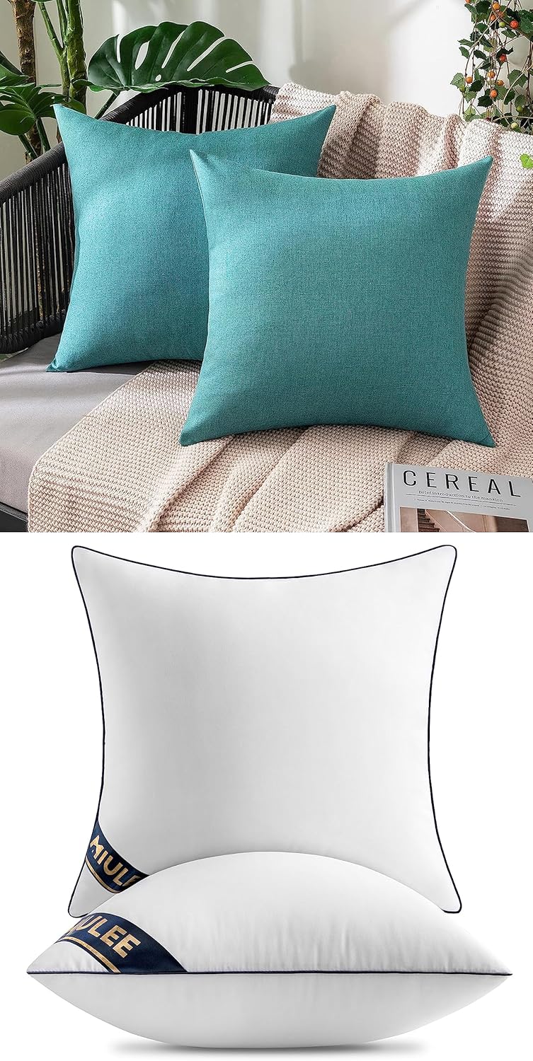 MIULEE Pack of 2 Decorative Outdoor Solid Waterproof Pillow Covers Turquoise Bundle Set of 2 Pillow Inserts 18x18