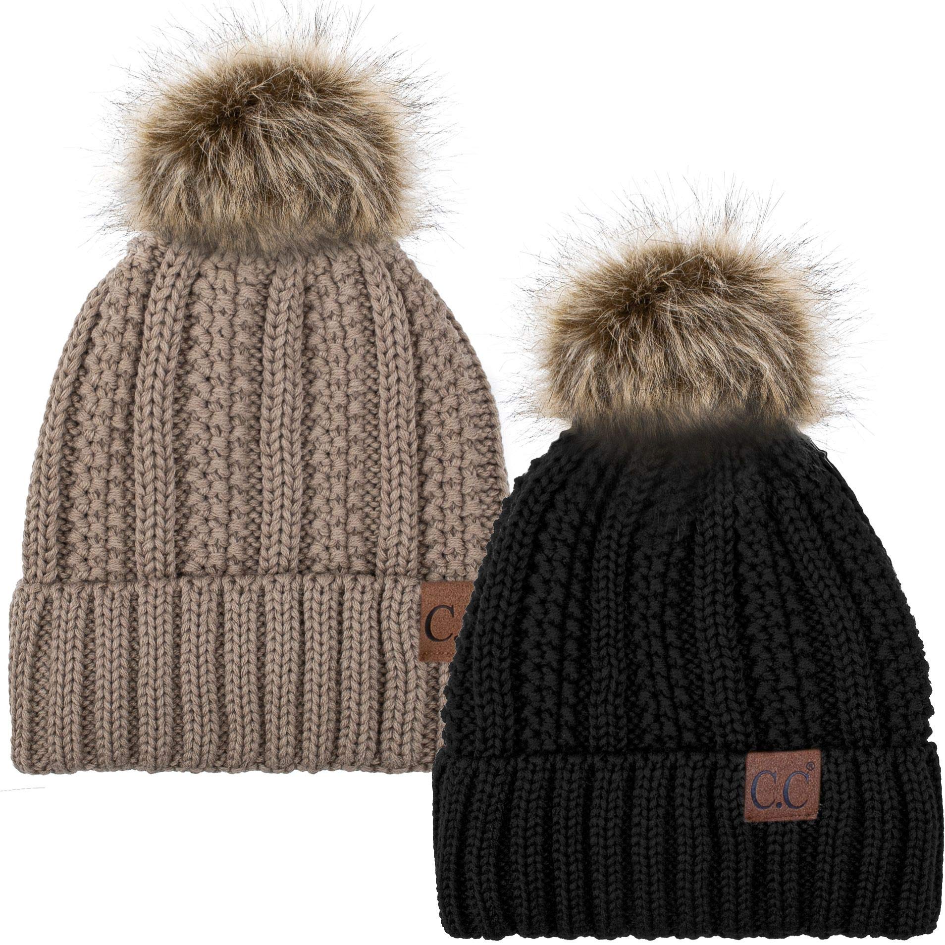 C.C YJ820 Thick Cable Knit Hat Faux Fur Pom Fleece Lined Cap Cuff Beanie 2 Pack