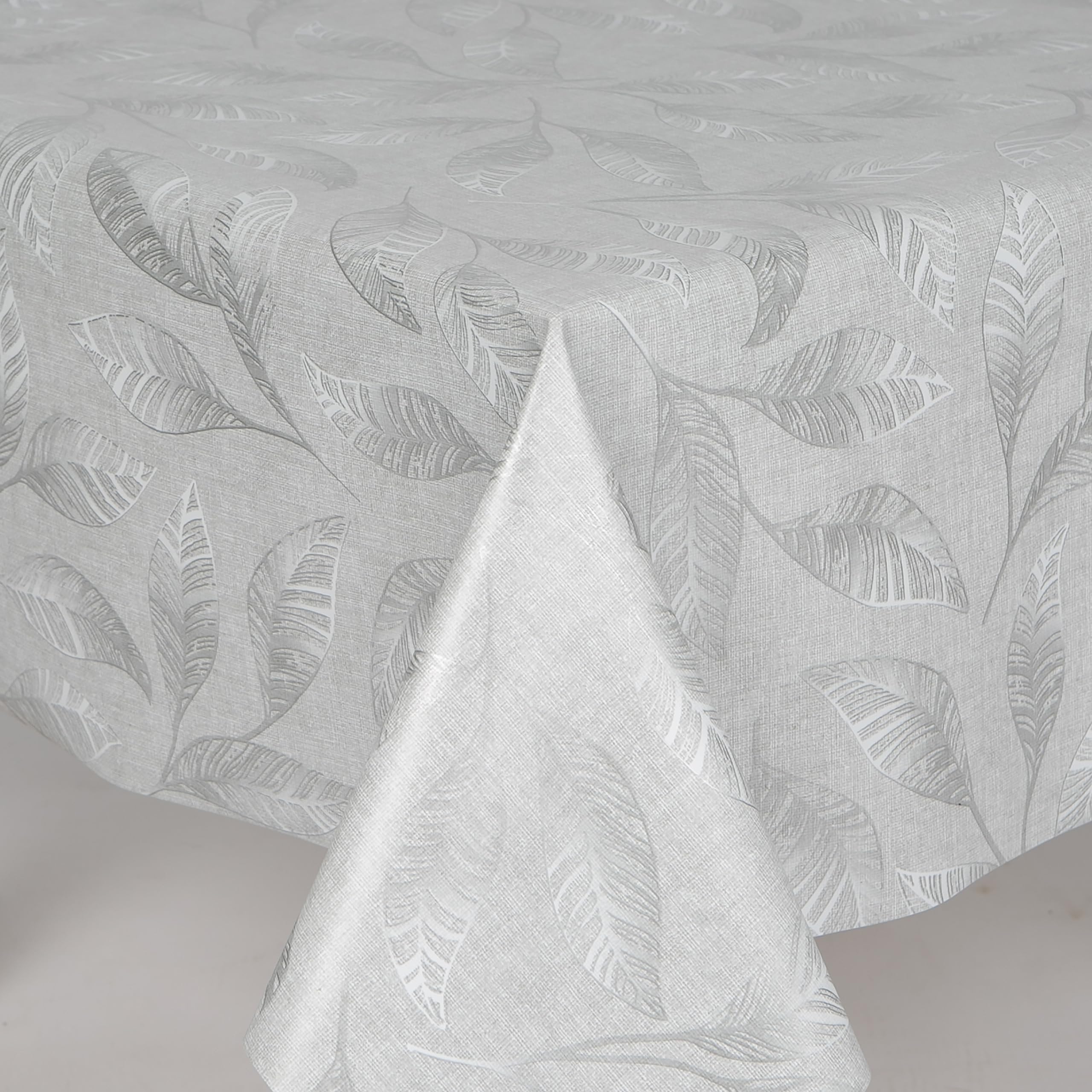 Home Expressions Silver/Light/Grey Leaves On A Ground Wipe Clean Vinyl Table Cloth/Protector Textile Backing (140Cm X 200Cm Rectangle)