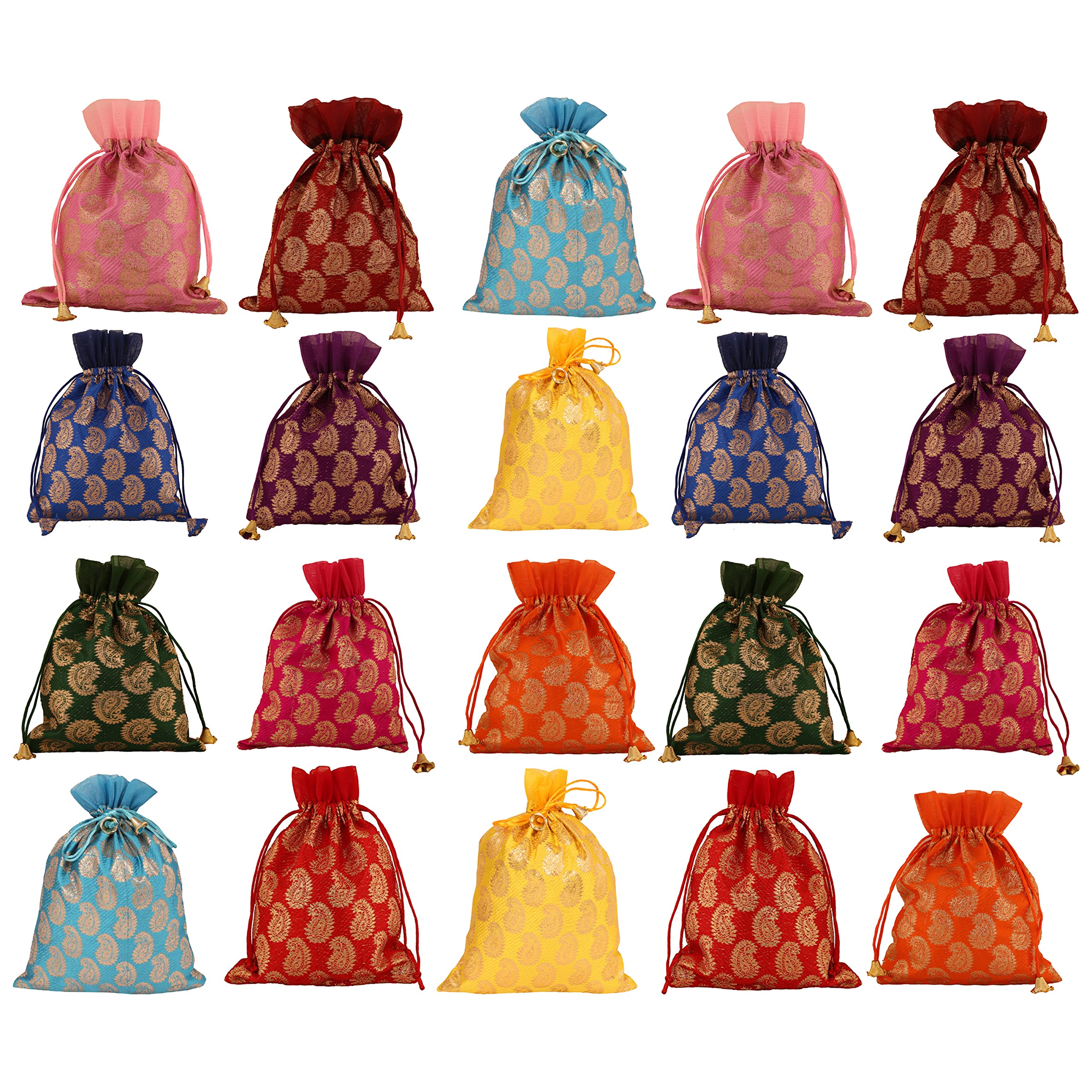 Touchstone Drawstring Bags Traditional Indian Handcrafted in Paisley Pattern Brocade fabric. Perfect for Gifts Jewelry Weddings Sweet Distribution Set of 20 Vibrant Multicolor Pouches Purses Potli